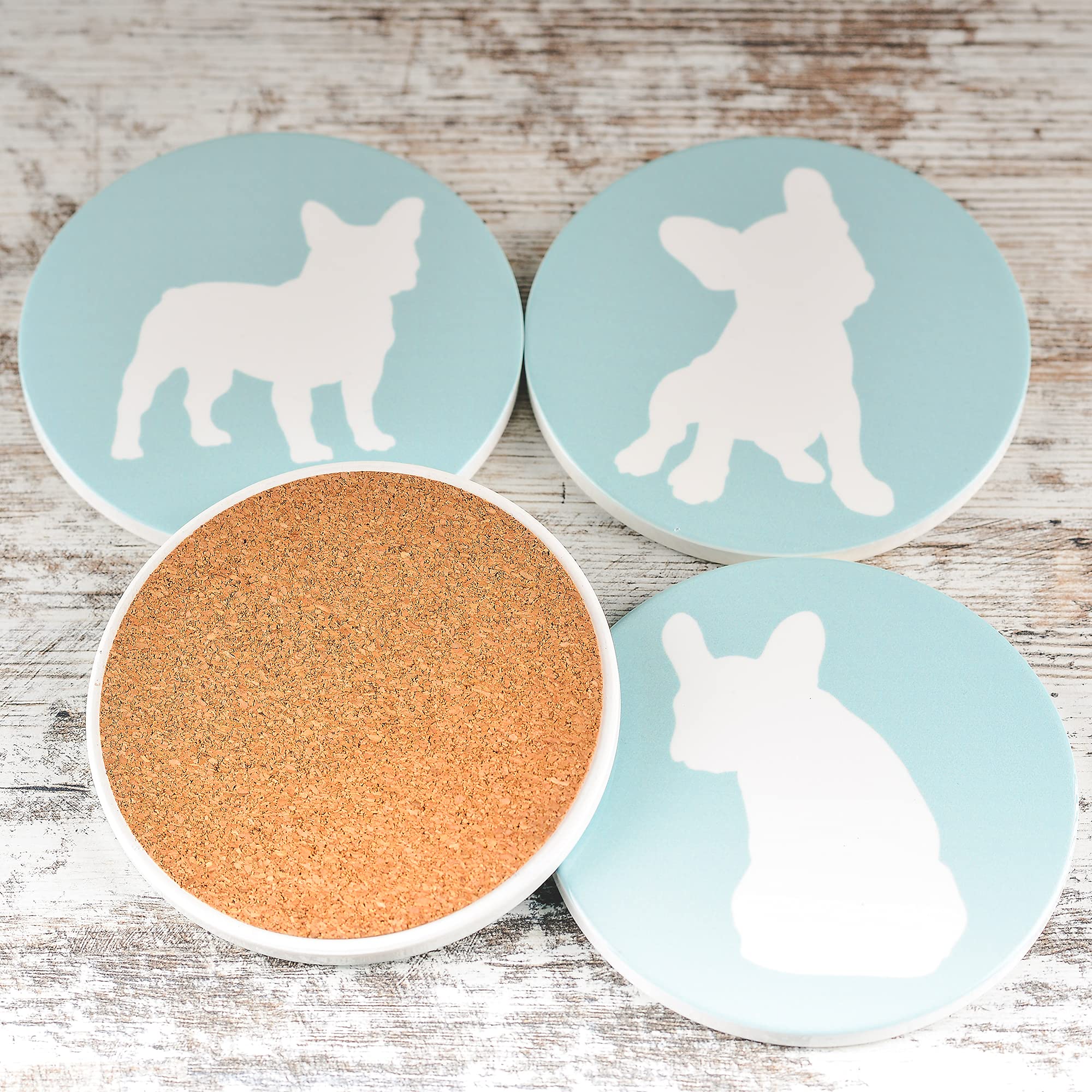 Greenline Goods French Bulldog Lovers Ceramic Drink Coasters - Set of 4 Frenchie Dog Coasters with Protective Cork Bottom and Metal Stand - French Bulldog Decor for French Bulldog Moms & Dads