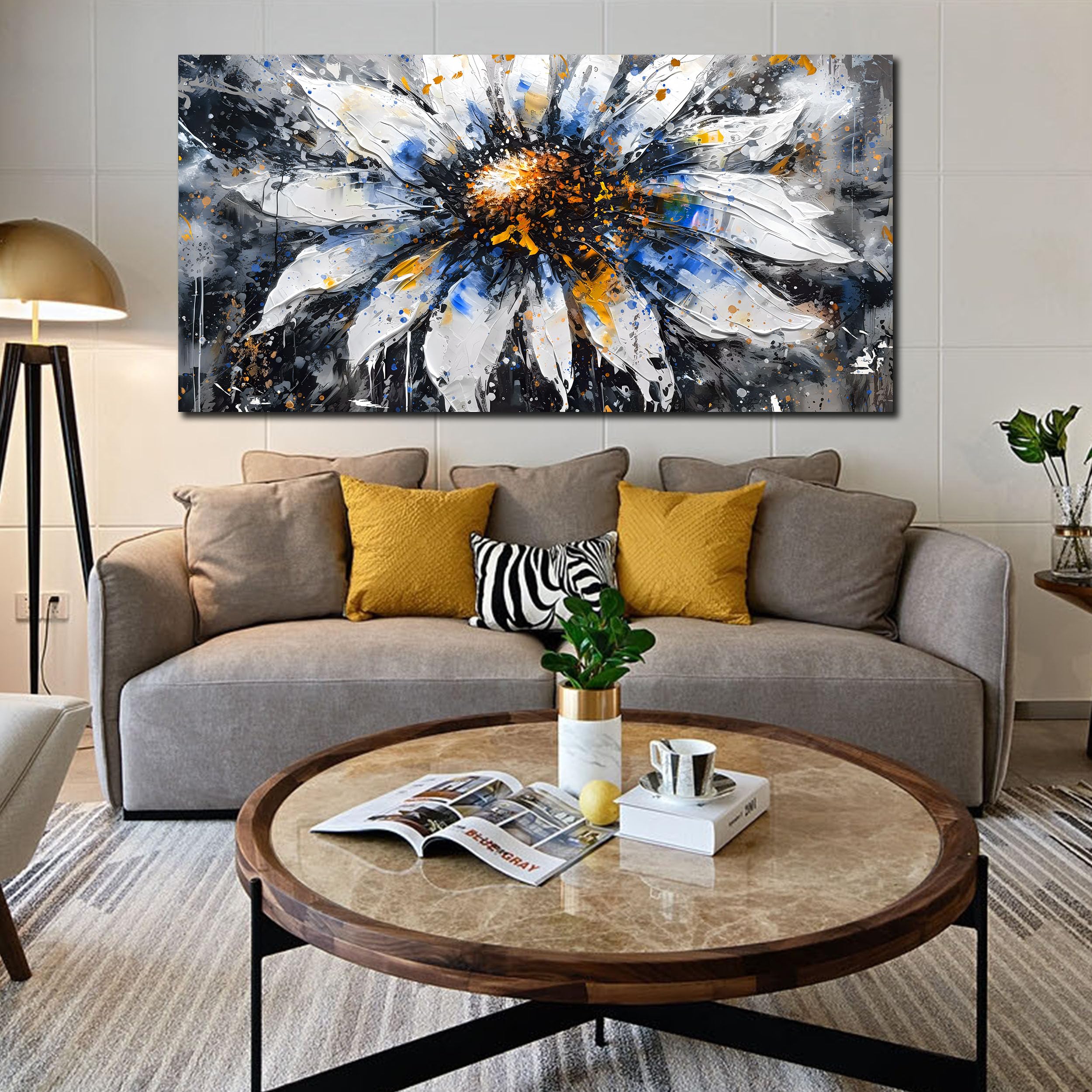Kepgonegu Large Canvas Wall Art For Living Room Bedroom Large White Blue Flower Picture Gray Canvas Prints Home Decor Ready To H