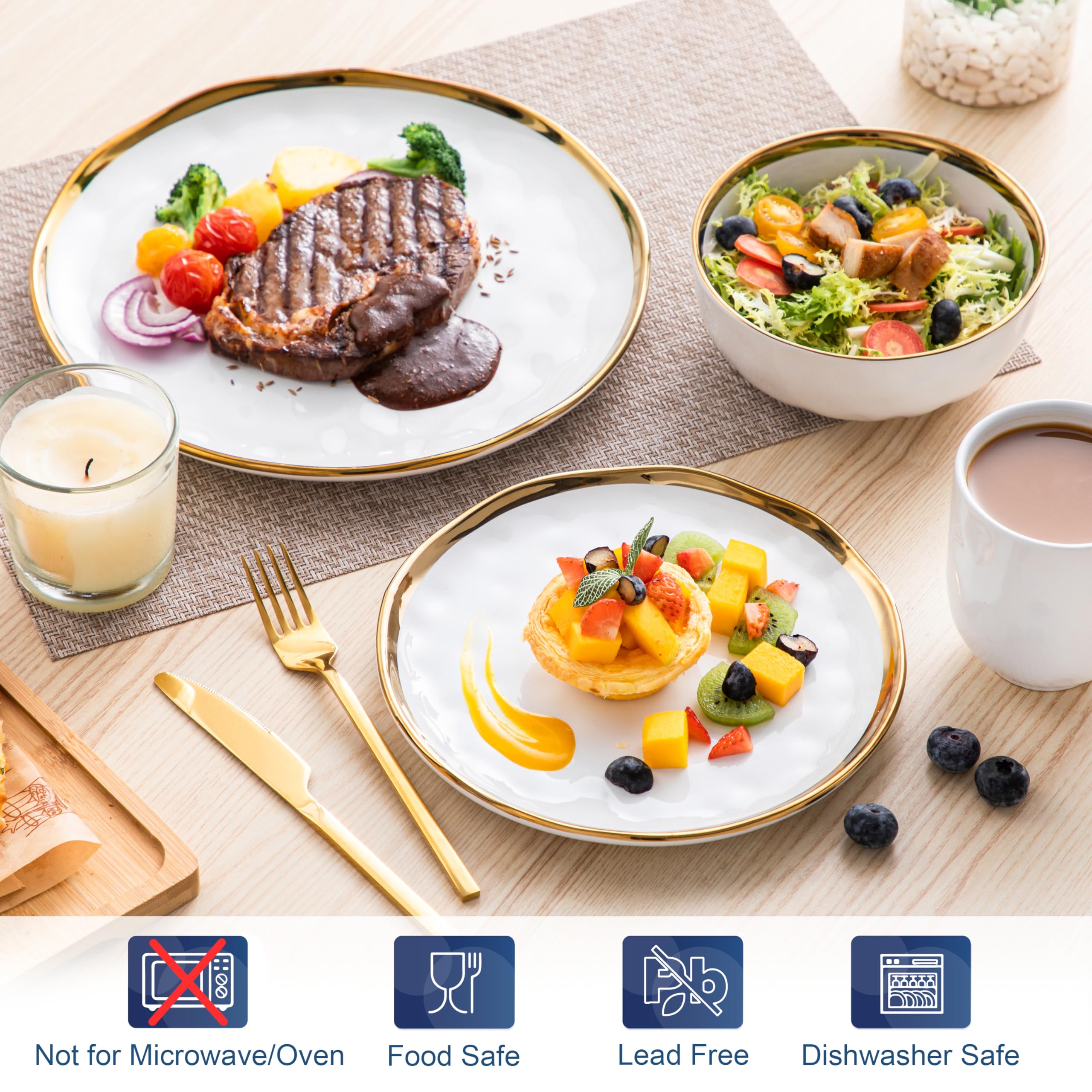 LOVECASA White and Gold Dinnerware Sets, Stoneware Dish Set for 4, 16 Piece Kitchen Plates and Bowls Sets, Handmade Dinner Set w