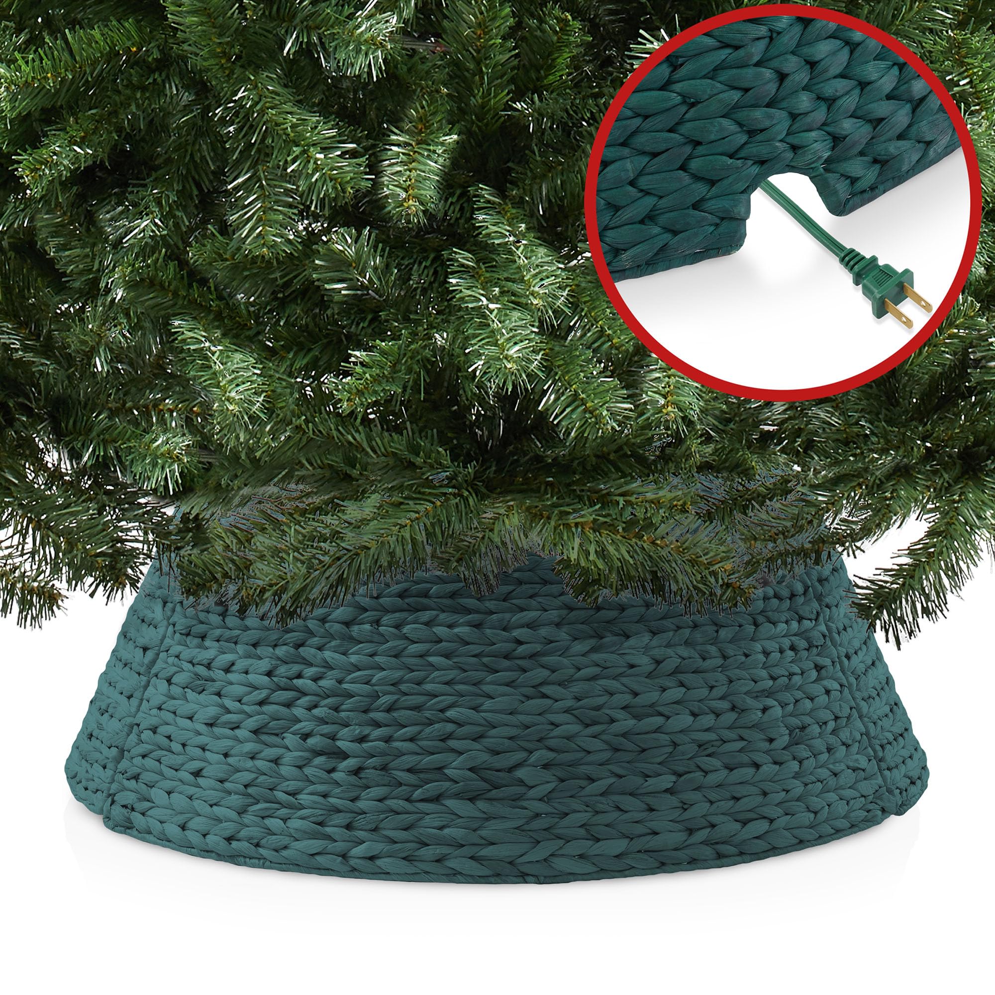 Casafield 32-Inch Christmas Tree Collar, Woven Water Hyacinth Tree Base Cover with Cord Cut Out, Green