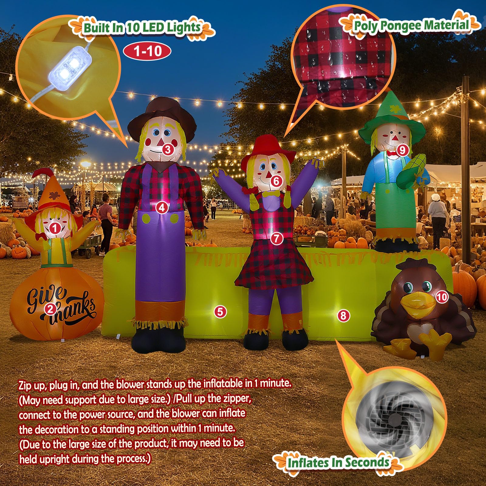 10 FT Thanksgiving Inflatables Fall Outdoor Decorations, Blow Up 4 Scarecrow Family & Hay Bale & Turkey, Built-in 9 LED Lights &