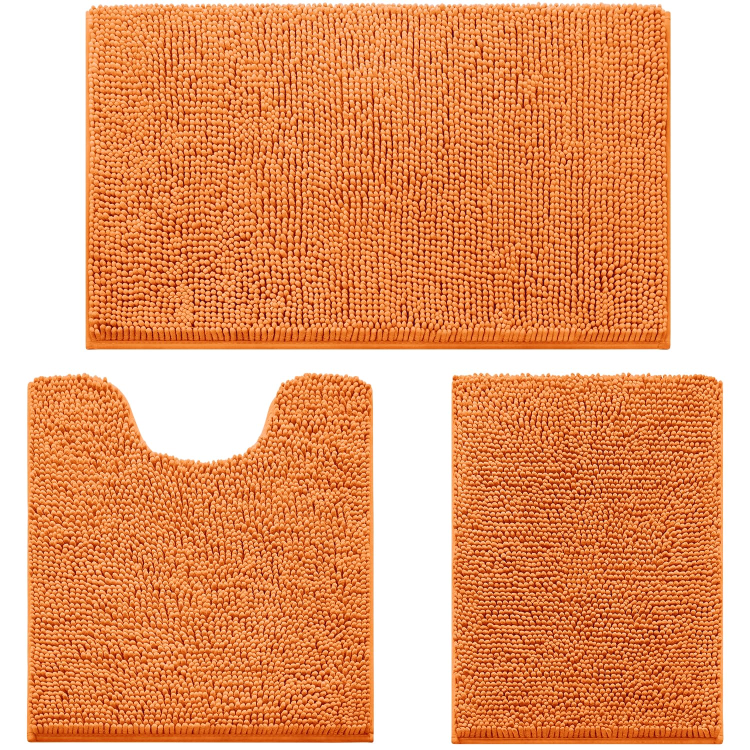 HOMEIDEAS 3 Pieces Bathroom Rugs  Ultra Soft Non Slip Absorbent Chenille Toilet Bath Mat Set (Orange)