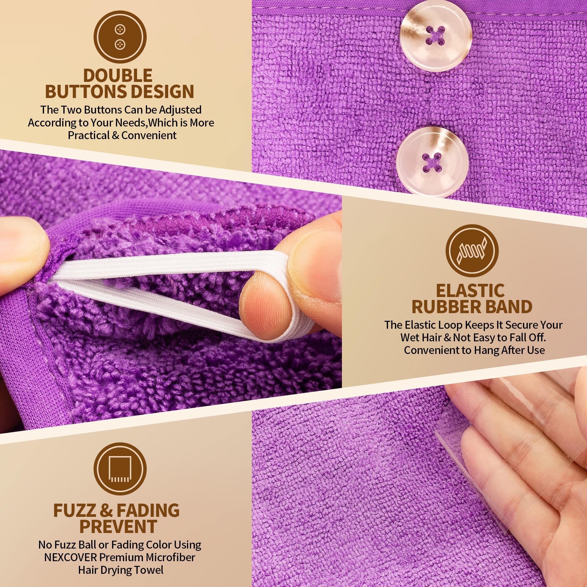 NEXCOVER Microfiber Hair Towel, 2 Pack (Grey+Purple) 9.8 inch X 25.5 inch Hair Turbans,Ultra Absorbent,Fast Drying Towel Wraps,H