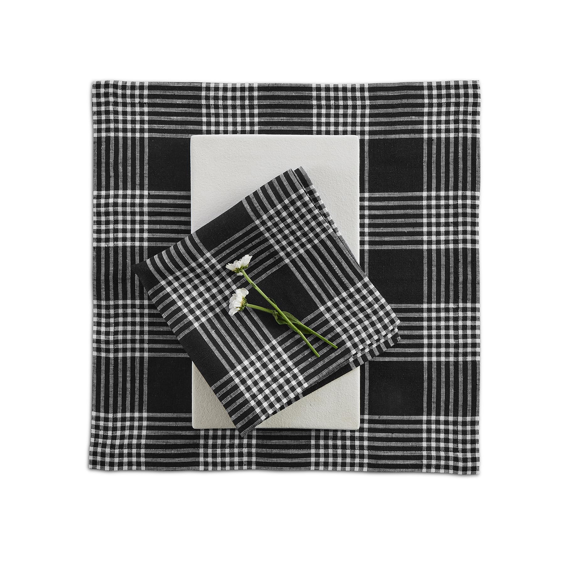 Solino Home Linen Square Plaid Placemats Set Of 4 - 100% Pure Linen Black And White Glen Check Cloth Placemats 14 X 14 Inch - Wa