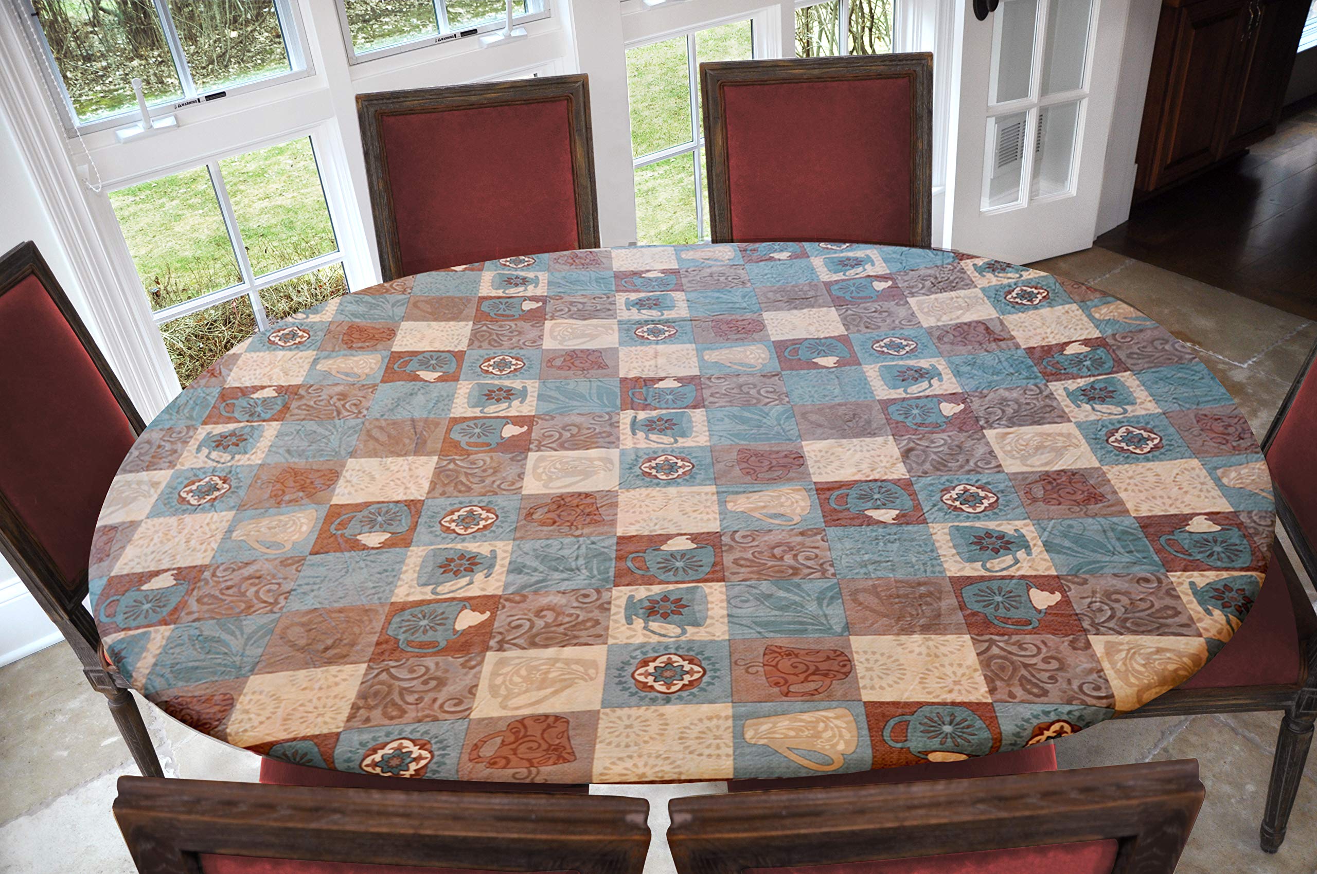 Covers For The Home Deluxe Elastic Edged Flannel Backed Vinyl Fitted Table Cover - Global Coffee Pattern - Oblong/Oval - Fits Ta