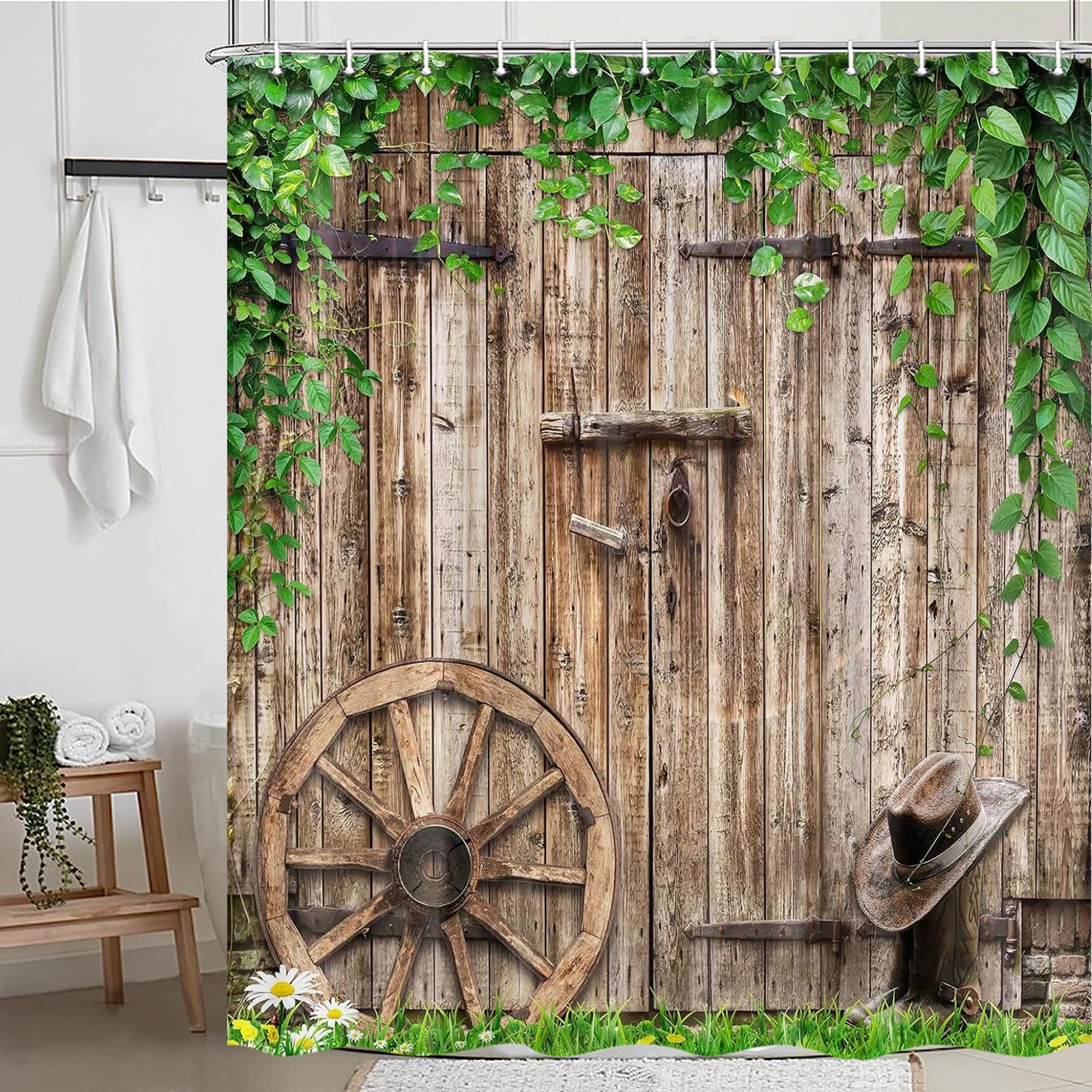 Jipusai Rustic Farmhouse Country Barn Door Shower Curtain For Bathroom,Wood Board Plank Country Vintage Green Leaves Garage Cabi