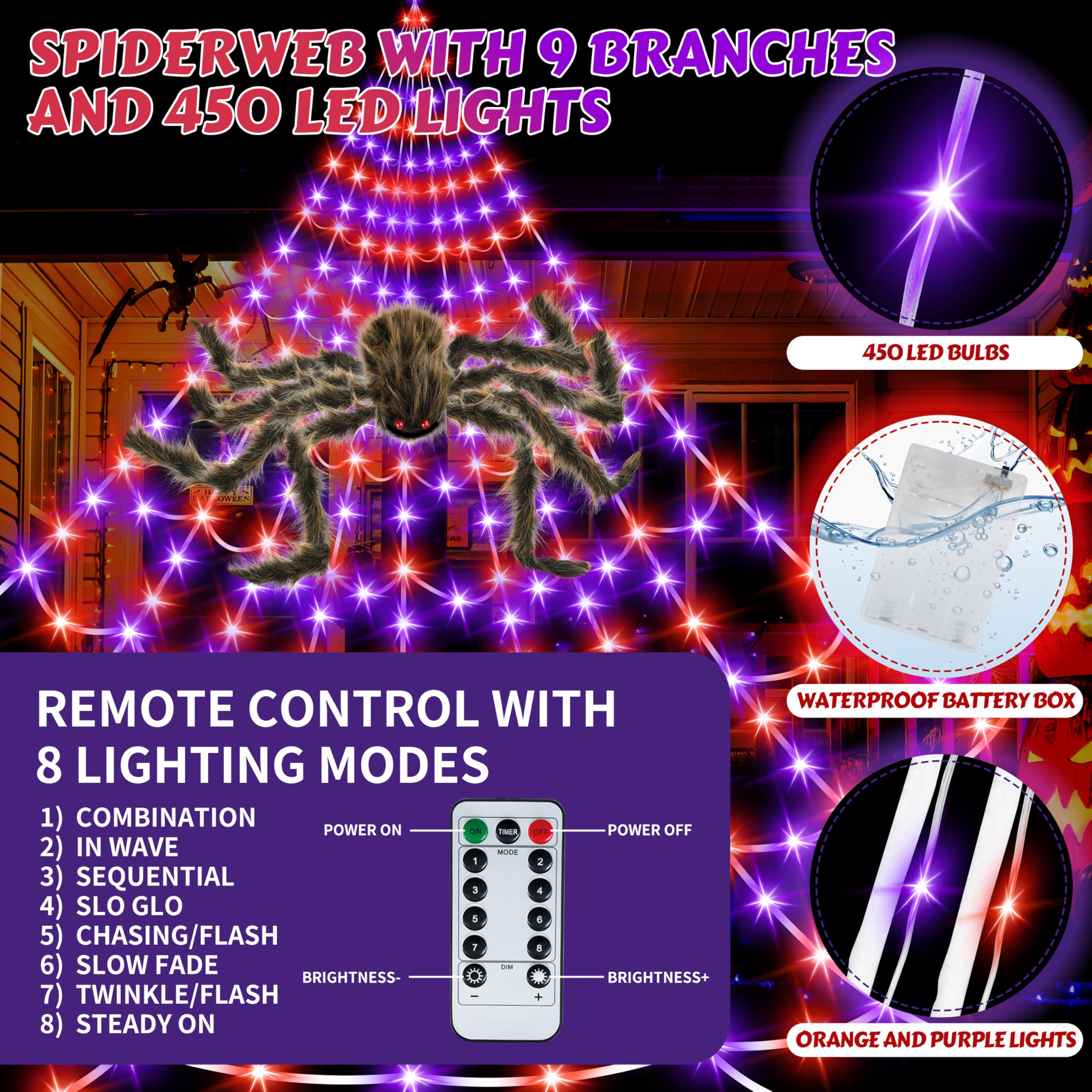Halloween Spider Web Lights Giant Spider, 16.4Ft 450 LED Lighted Spider Web with with 8 Lighting Modes Waterproof & Timer for In