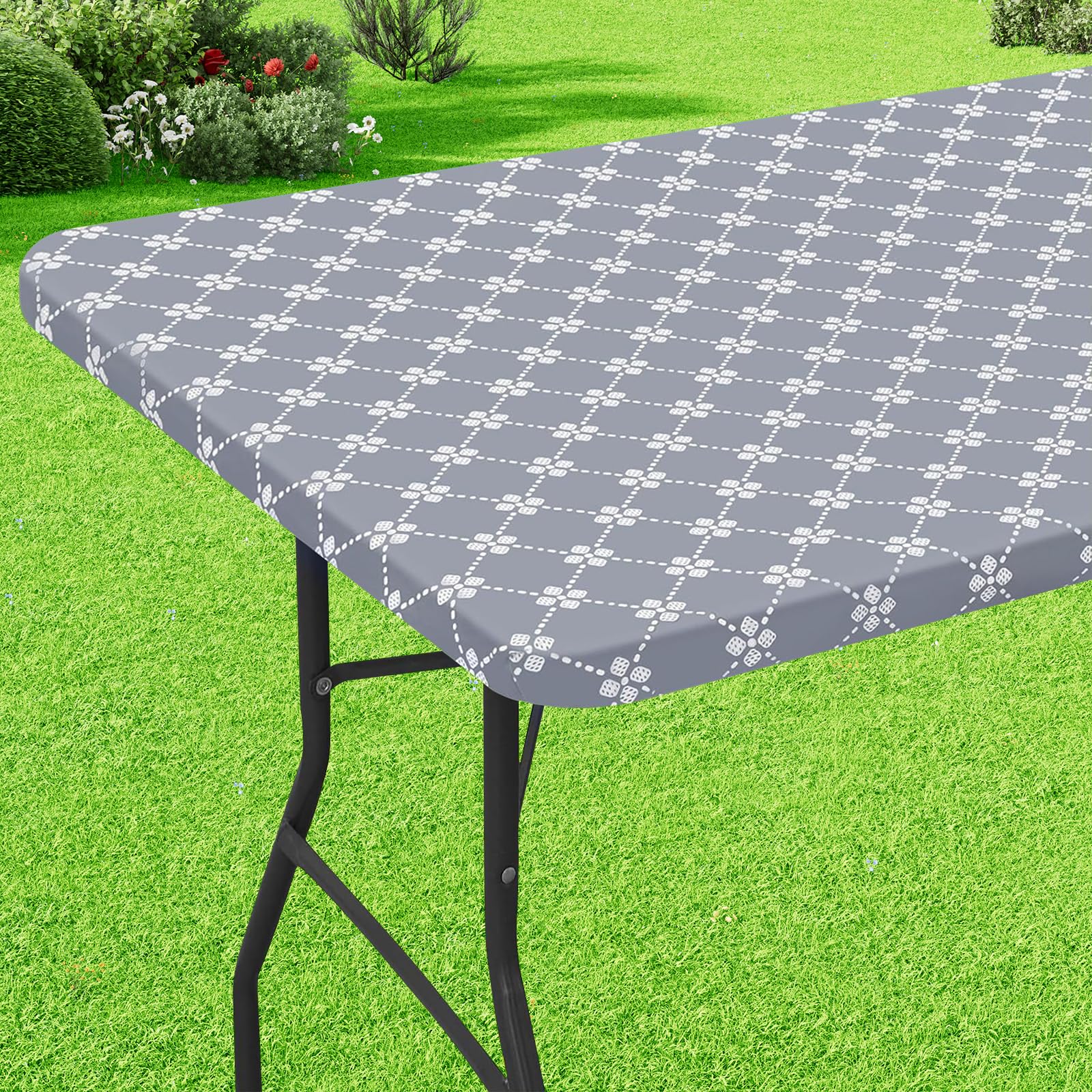 misaya Rectangle Vinyl Table Cloth, Elastic Fitted Tablecloth with Flannel Backing, Waterproof Plastic Table Cover Fits Folding 