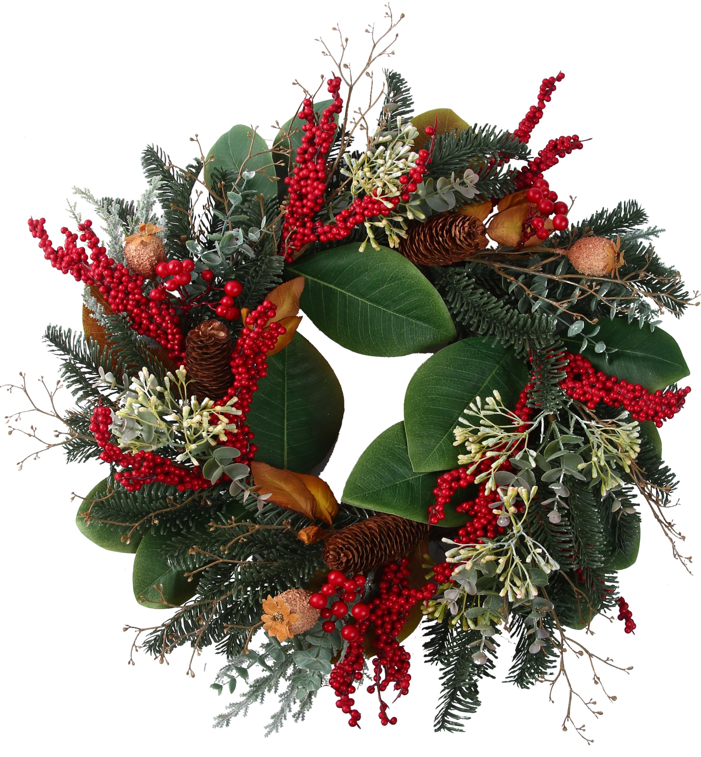 BINFEN 20 Gold Red Berries Christmas Wreaths for Front Door, Metallic Finish Eucalyptus Leaves Winter Xmas Wreath Outdoor Holida