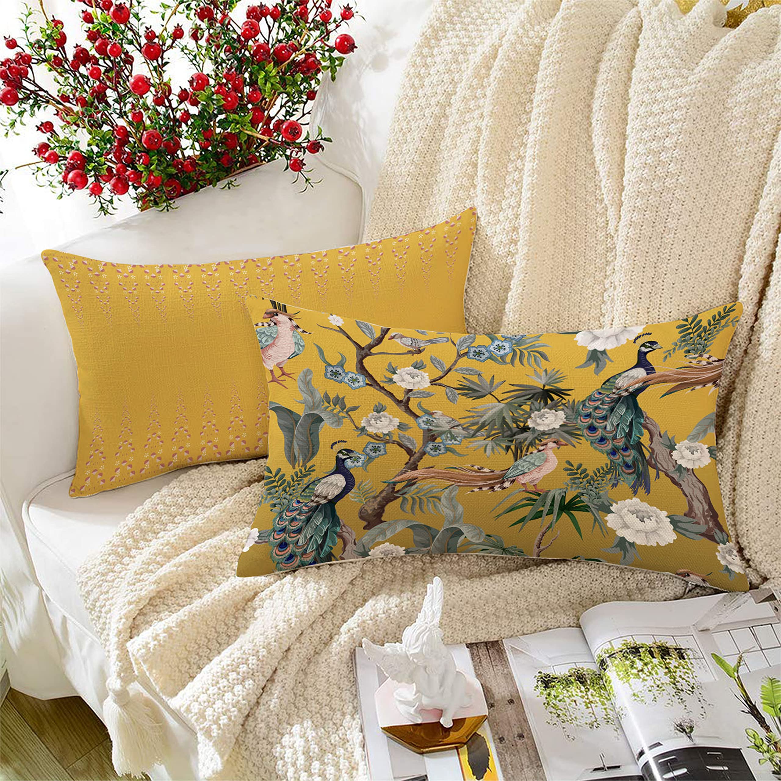 Amazon Brand - Umi Mustard Yellow Peacock Printed Polycotton Cushion Covers | Decorative Rectangular Throw Pillow Cases For Sofa