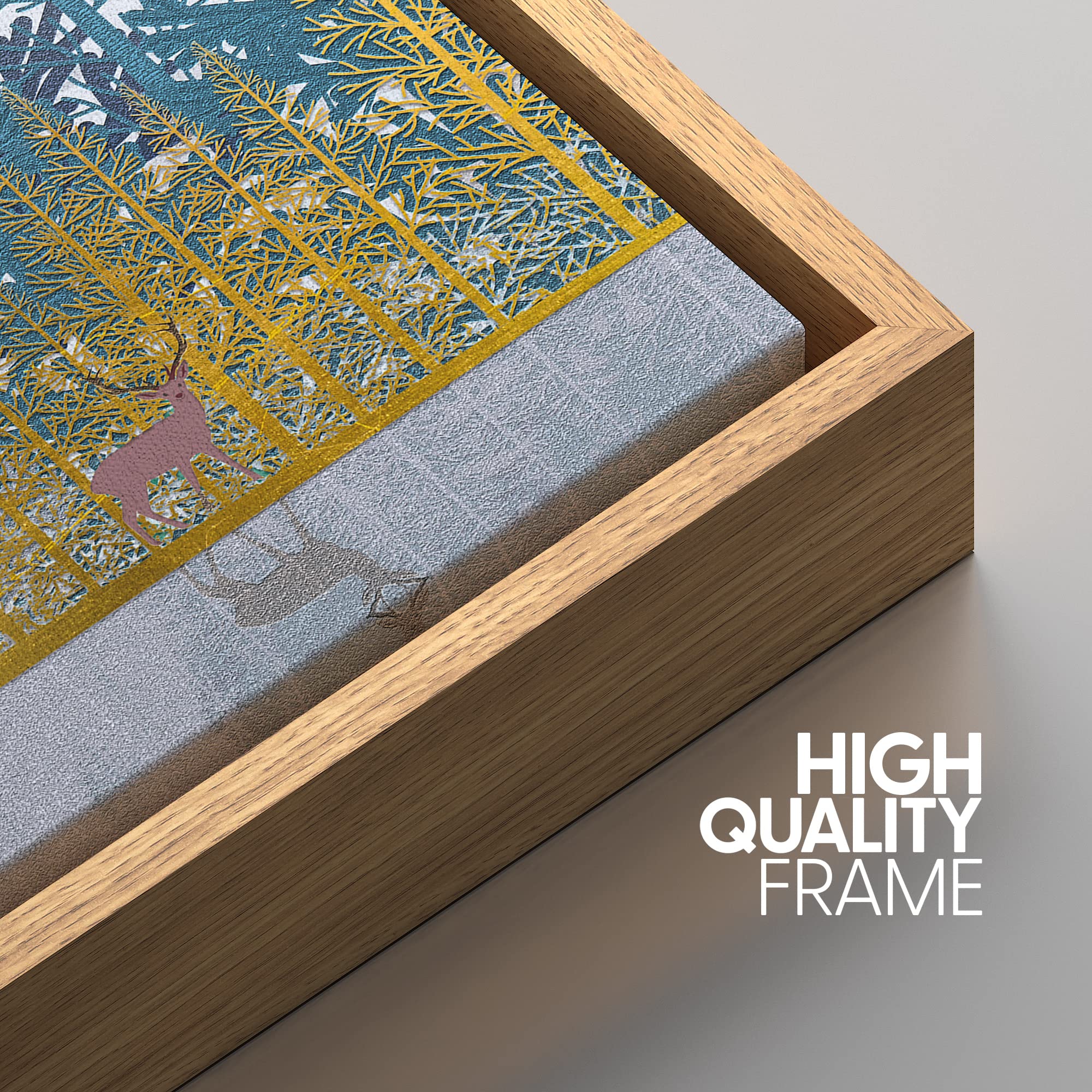 IDEA4WALL Framed Canvas Print Wall Art Blue & Gold Forest with Purple Elk Abstract Wilderness Illustrations Modern Art Rustic Multicolor Cool for Living Room  Bedroom  Office - 24''x36'' Natural