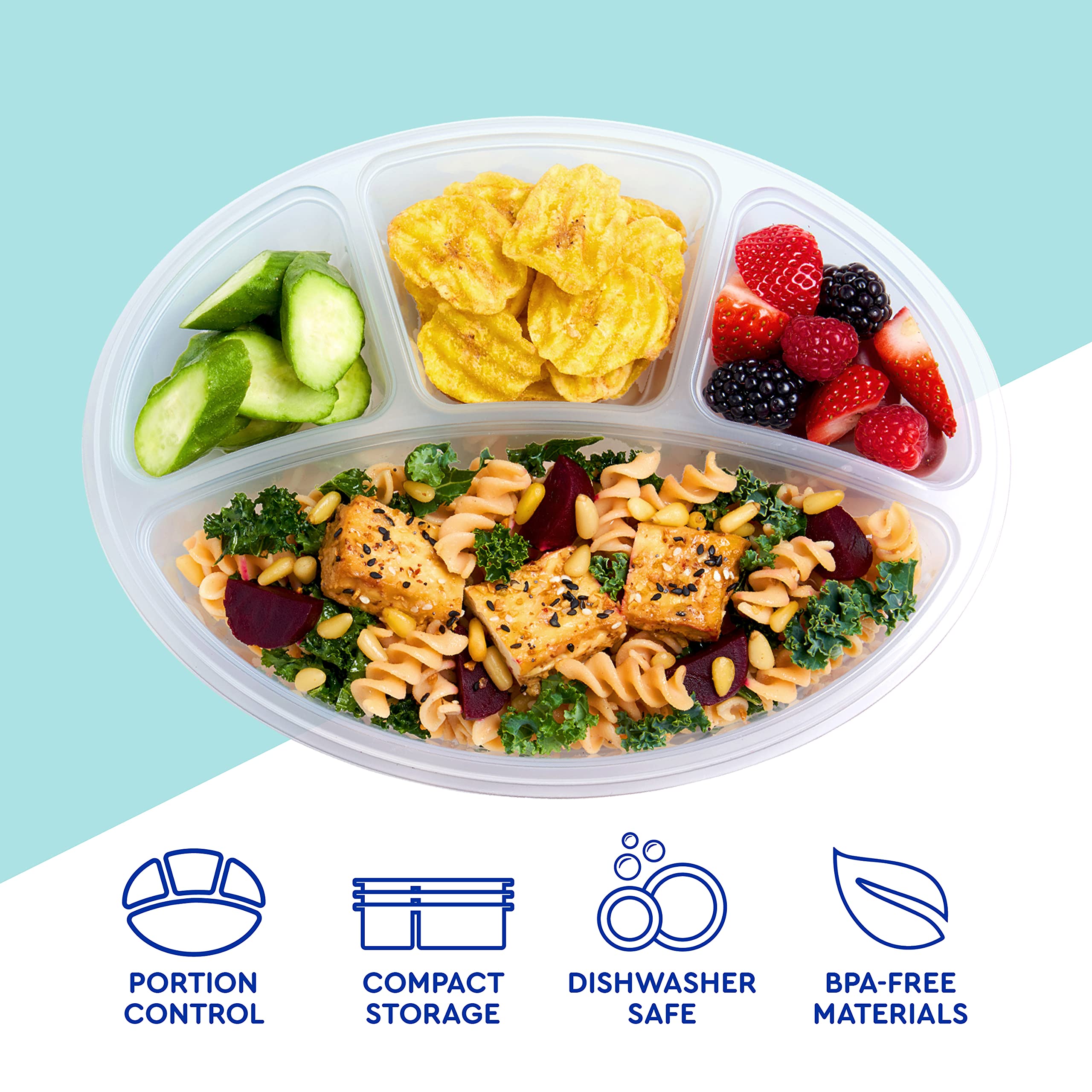 Easylunchboxes - Oval Lunch Boxes - Reusable 4-Compartment Food Containers For Work, Travel And Meal Prep, Set Of 4, (Classic)