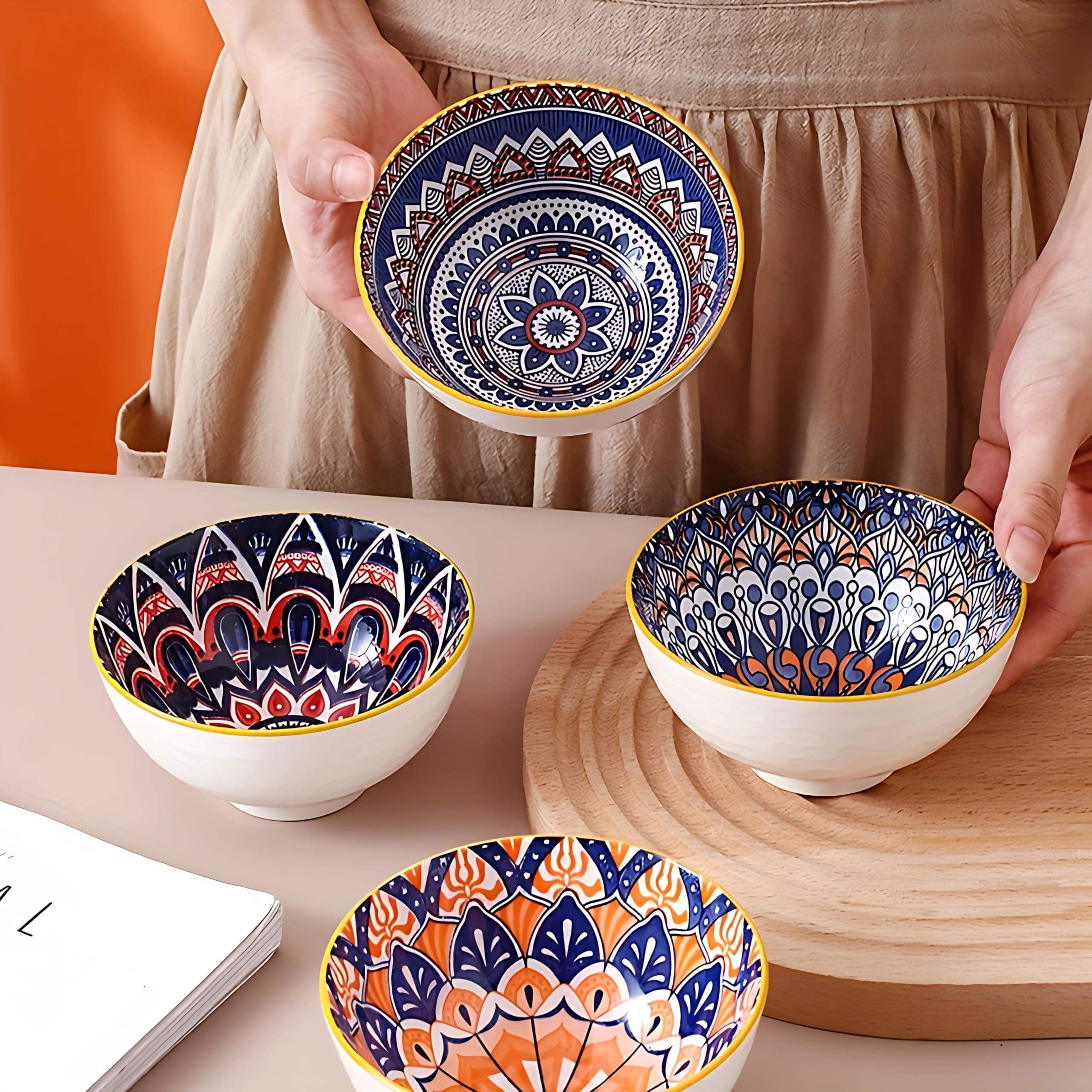 Ceramic Bowls Set Of 4 | Multicolor Designer Serving Bowls For Snacks, Curry, Dal, Salad & Dessert | Microwave & Dishwasher Safe