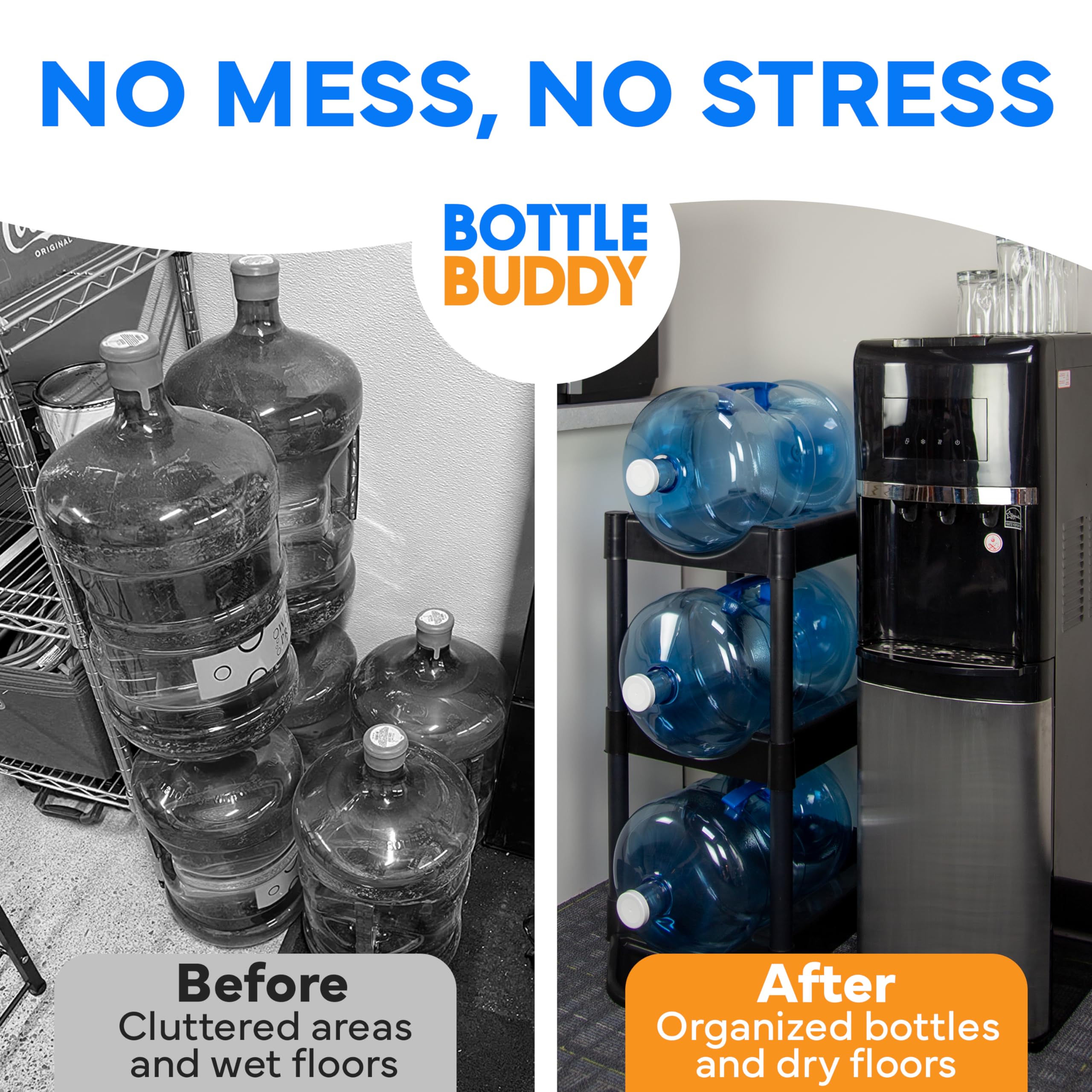 Bottle Buddy Water Racks - 3 And 5 Gallon Bottles | 3-Tray Jug Storage System | Floor Protector For Drips | Free-Standing Organi