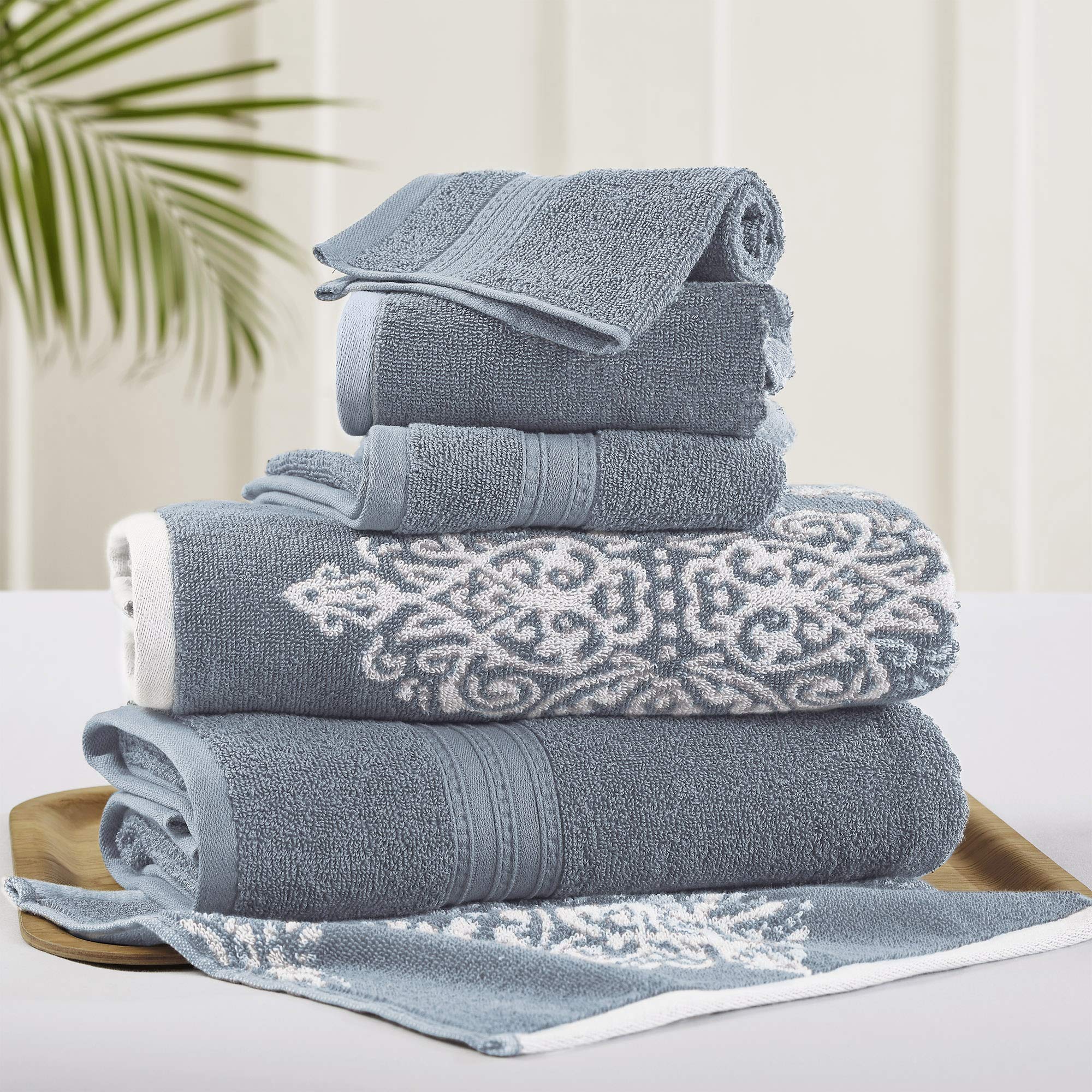 Amrapur Overseas | Artesia Damask 6 Piece Reversible Yarn Dyed Jacquard Towel Set (Sterling Blue)
