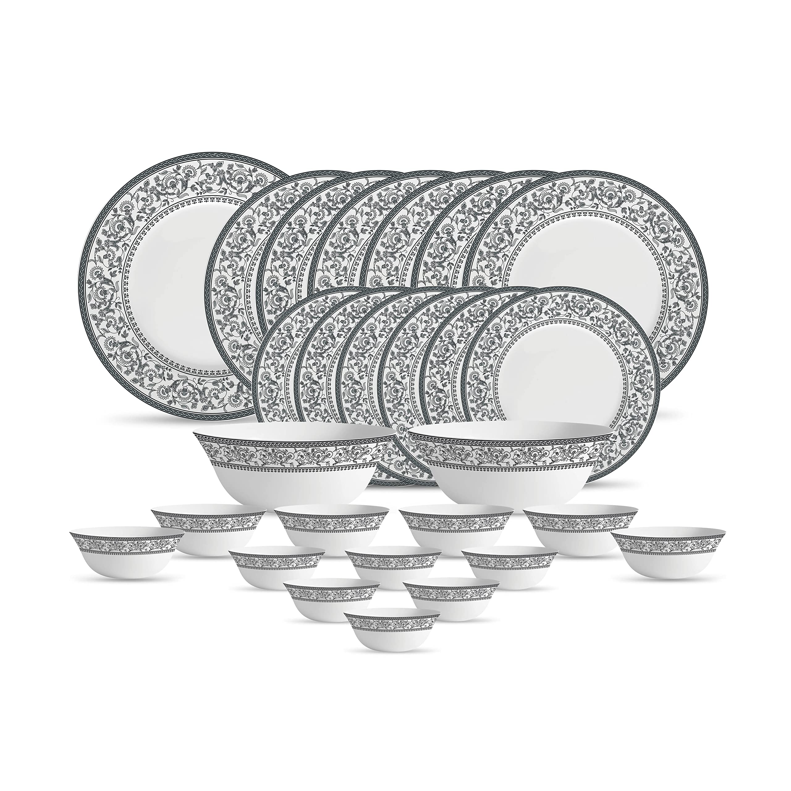 La Opala Diva, Sovrana Collection, Opal Glass Dinner Set 27 Pcs, Persian Grey, White