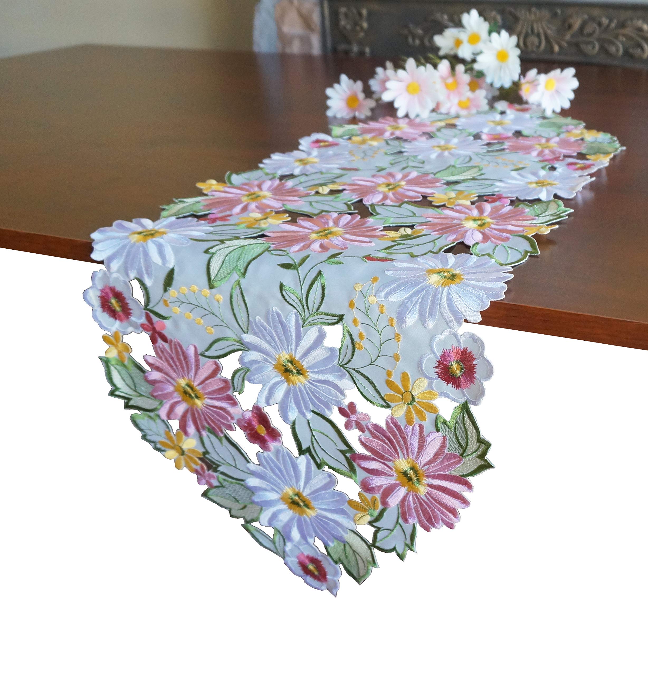 Spring Table Runner 13''  34'' Embroidered Flowery Applique Floral Daisy Cutwork Table Linen Home Kitchen Dining Tabletop Decora