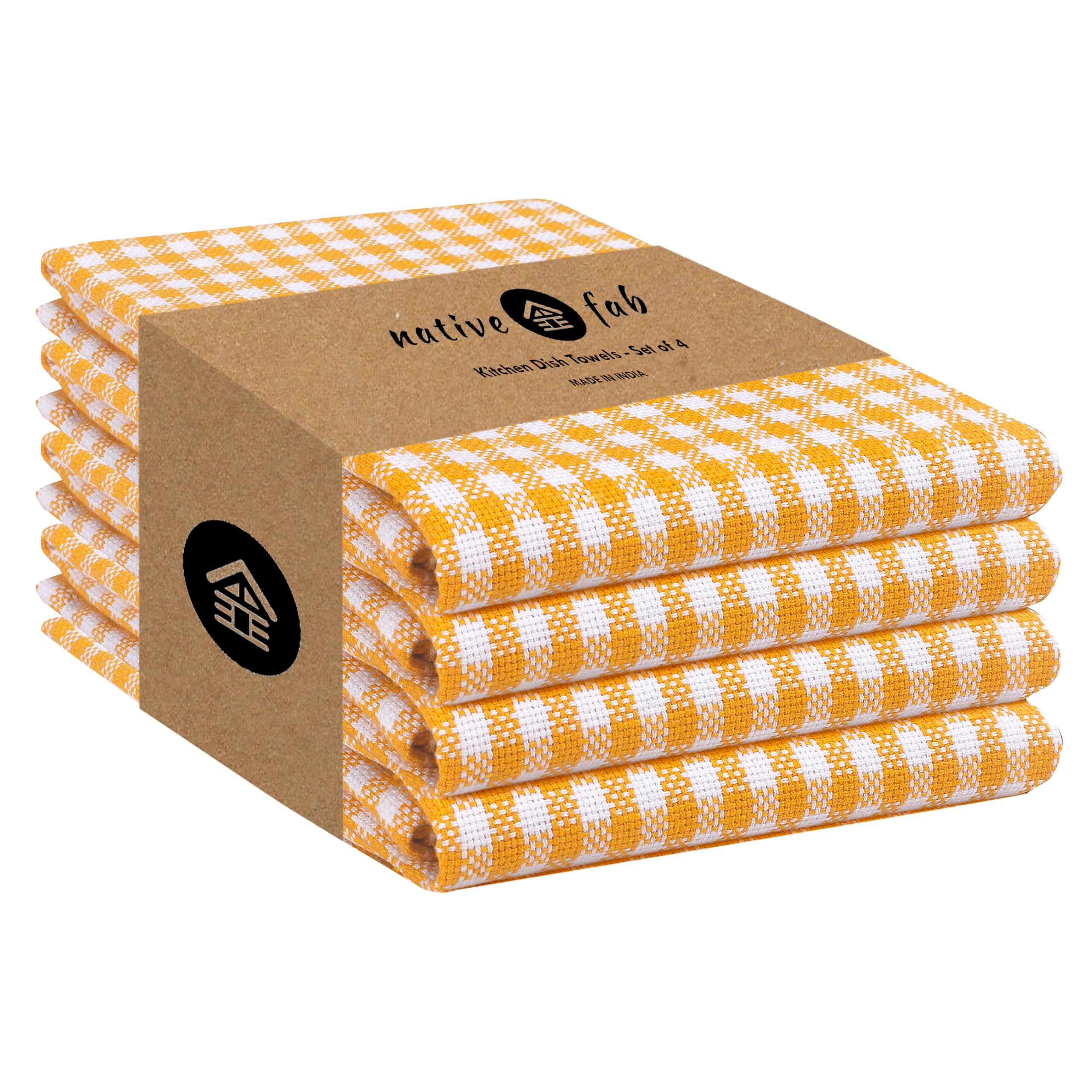 Native Fab 4 Pack Yellow Gingham Cotton Dish Towels 16''X26'' - Absorbent Kitchen Linen Towels With Hanging Loop, Dishcloths Set