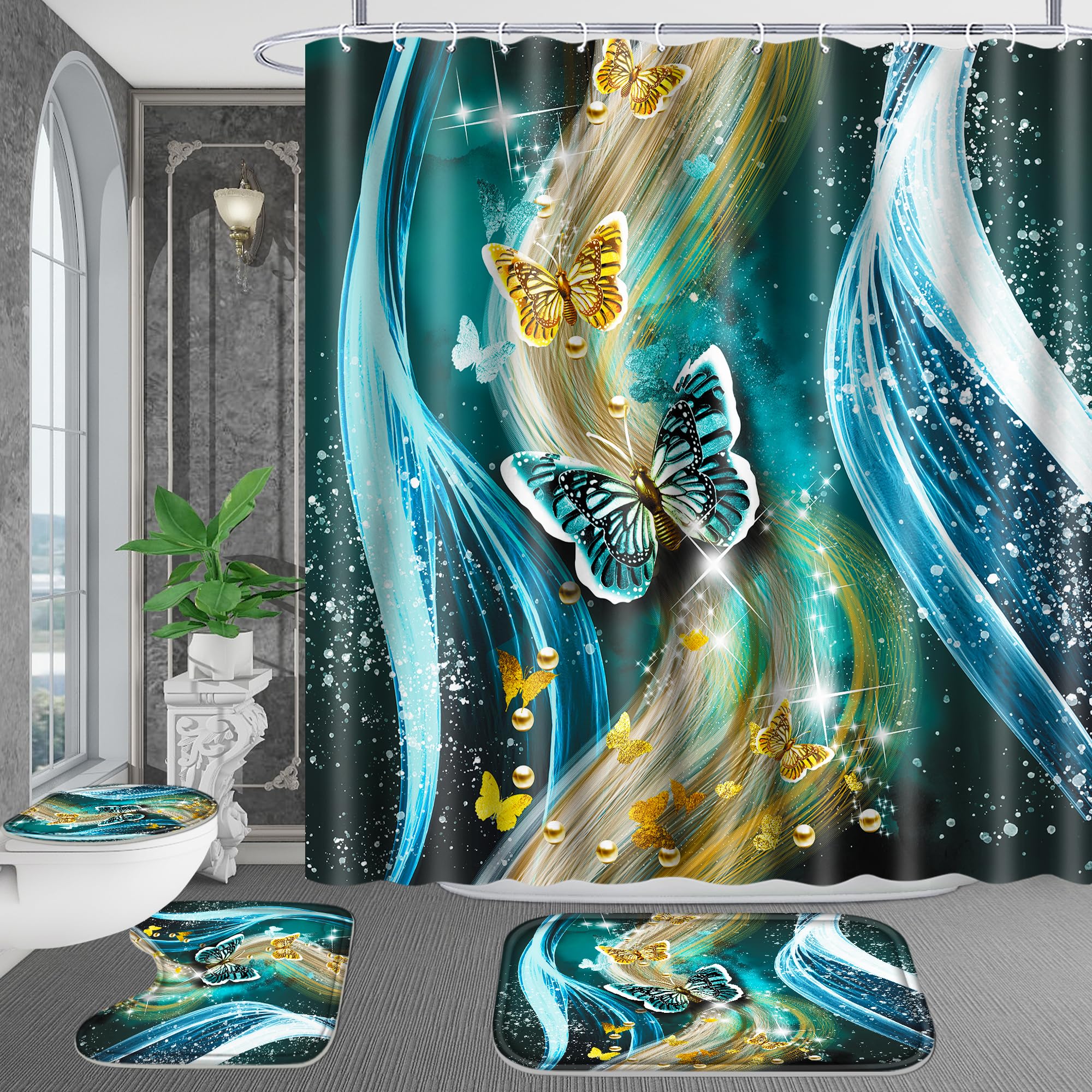Poedist 4 Pcs Bathroom Shower Curtain Set,Blue Light Butterfly Bathroom Sets With Rugs(Bath Mat,U Shape And Toilet Lid Cover Mat