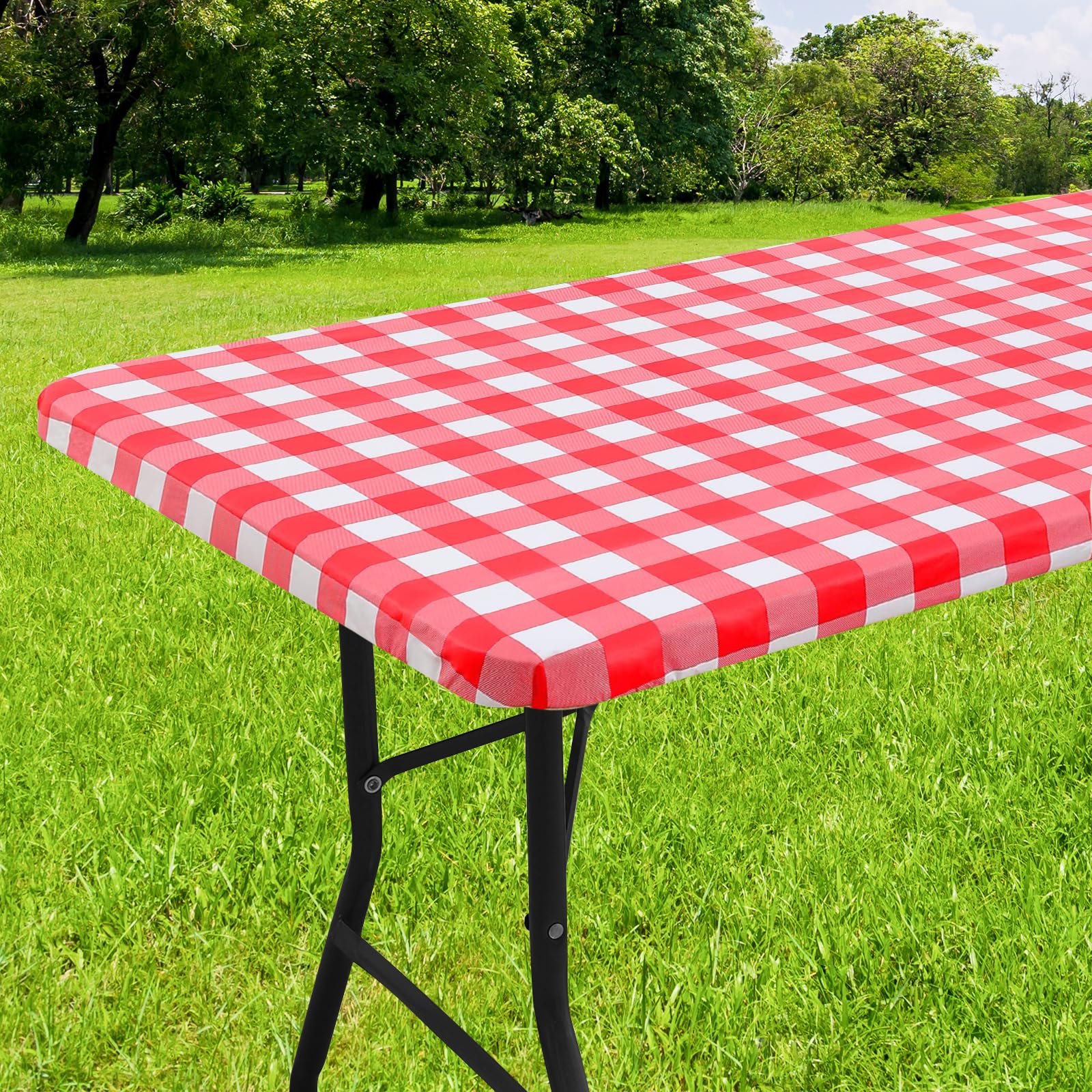 Smiry Rectangle Picnic Table Cloth, Elastic Waterproof Fitted Vinyl Tablecloth For 4 Ft Tables, Flannel Backed Buffalo Plaid Tab