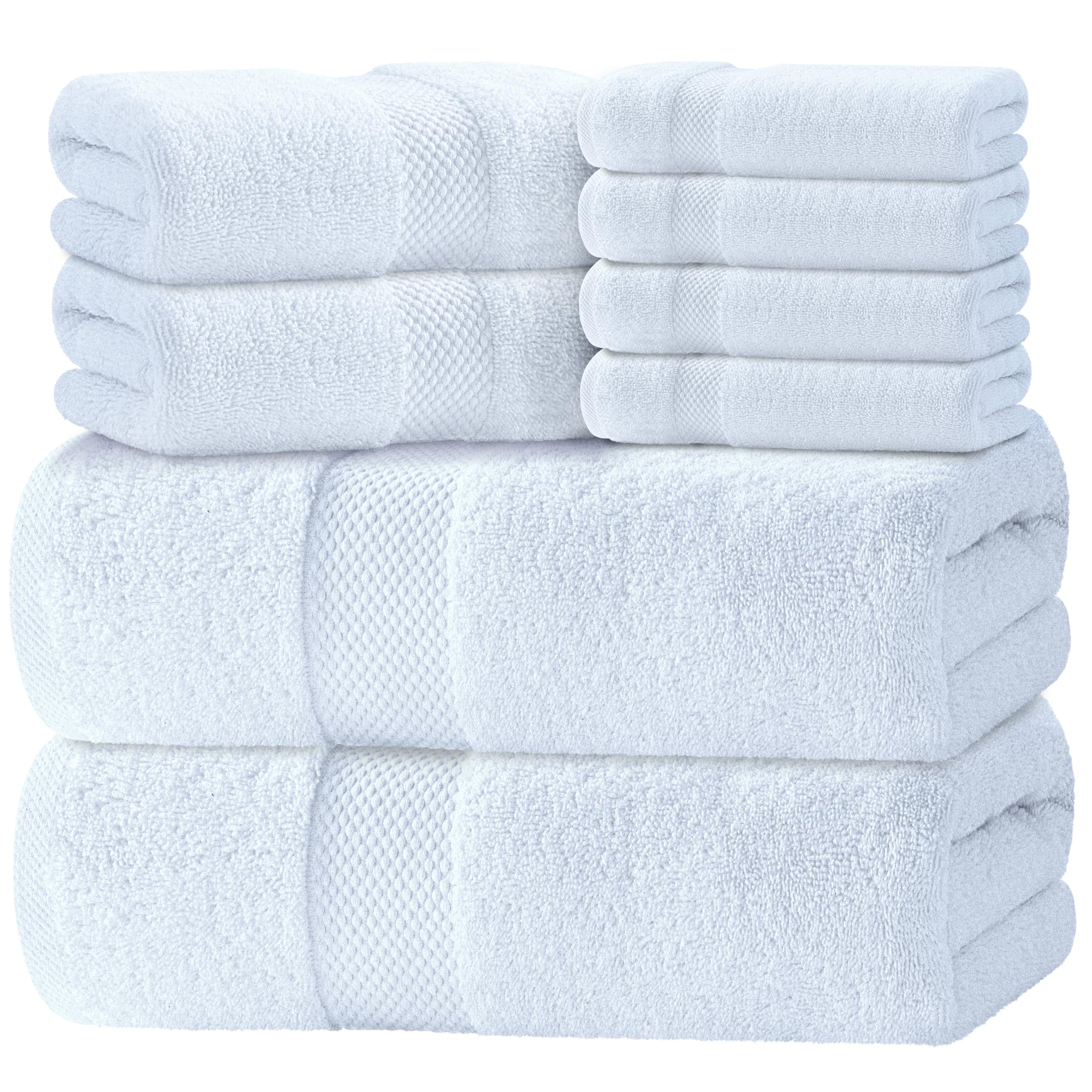 Luxury White Bath Towel Set - Combed Cotton Hotel Quality Absorbent 8 Piece Towels | 2 Bath Towels 700GSM | 2 Hand Towels | 4 Washcloths [Worth $72.95] 8Pc | White