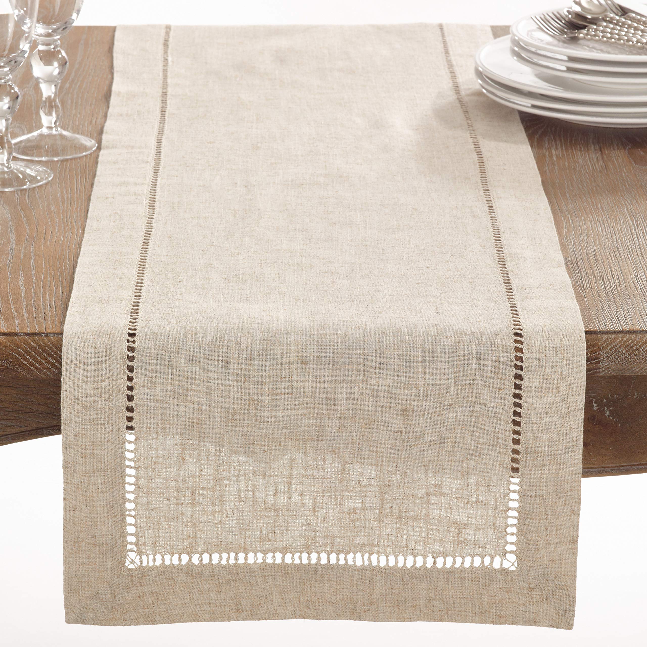 Saro Lifestyle Poly And Linen Blend Hemstitched Table Runner With Hemstitch Border, Natural, 18''X108''
