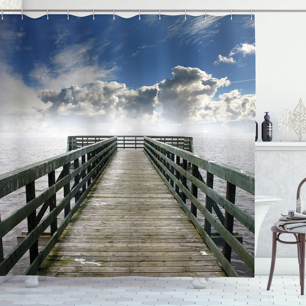 Ambesonne Seascape Shower Curtain, Seaside Banister Clouds Beige Foggy Morning And Ocean Seascape View Image, Cloth Fabric Bathr