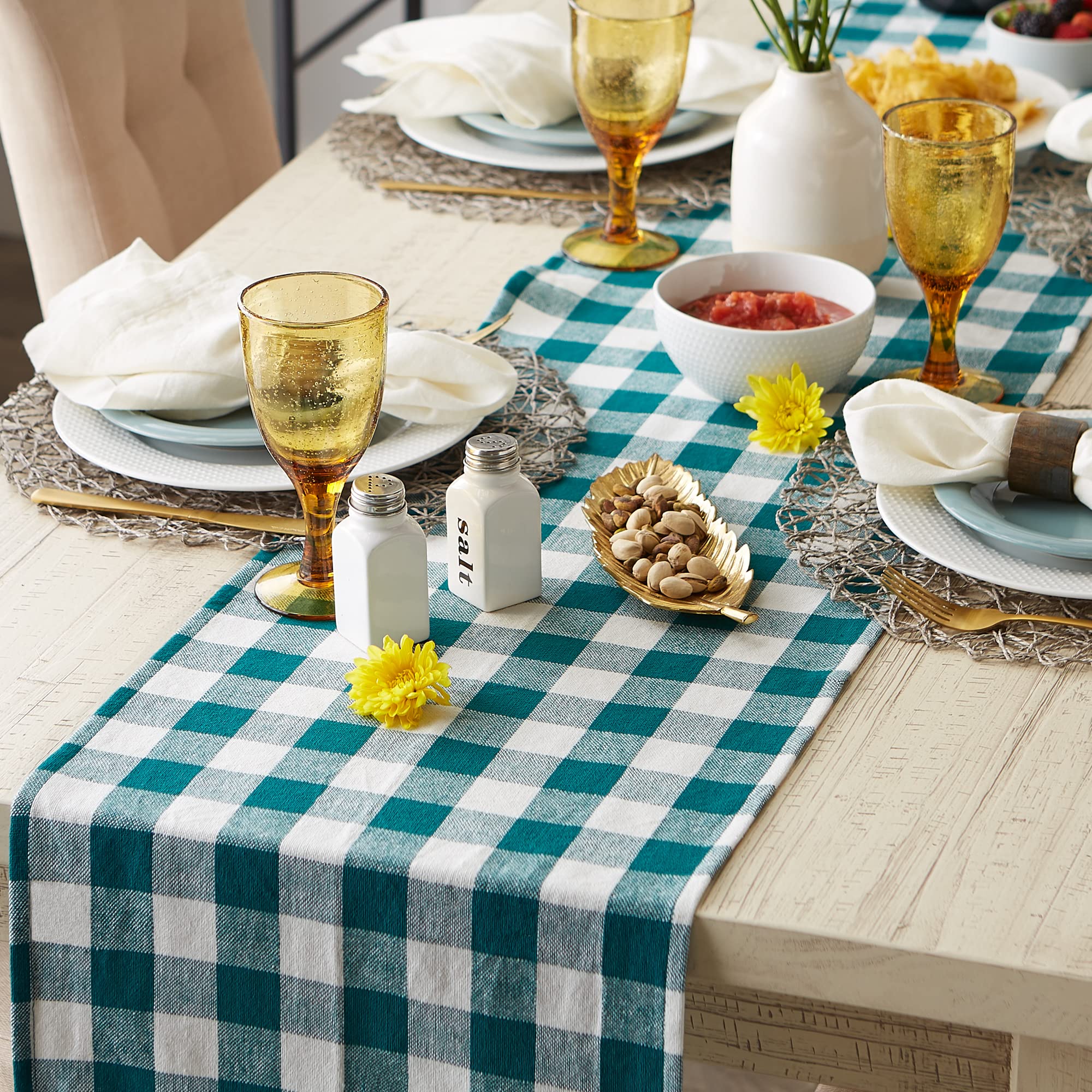 DII Heavyweight Fringed Check Tabletop Collection  Table Runner  14x108  Teal