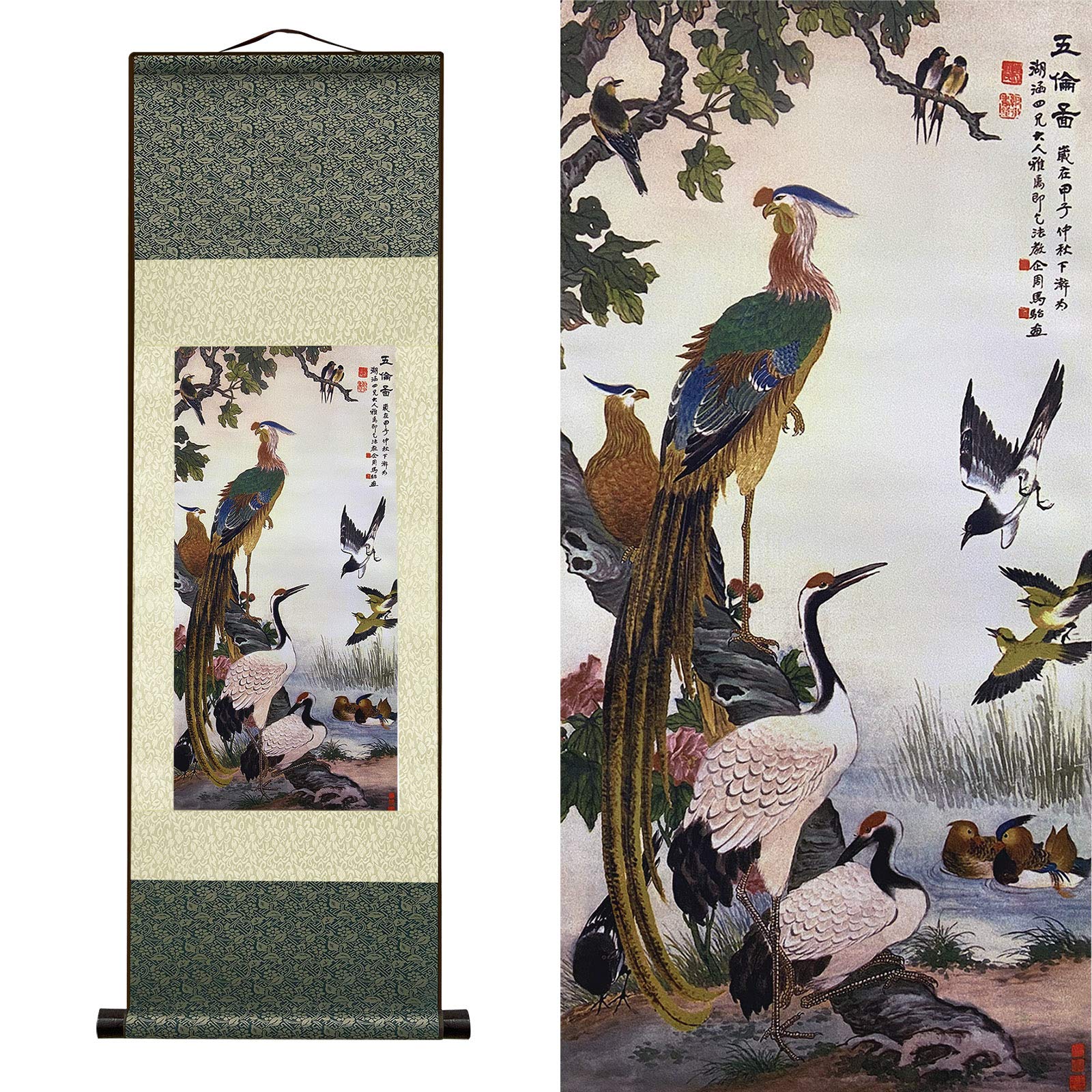 Atfart Asian Wall Decor Beautiful Silk Scroll Painting Birds - Wulun Diagram Oriental Decor Chinese Art Wall Scroll Wall Hanging
