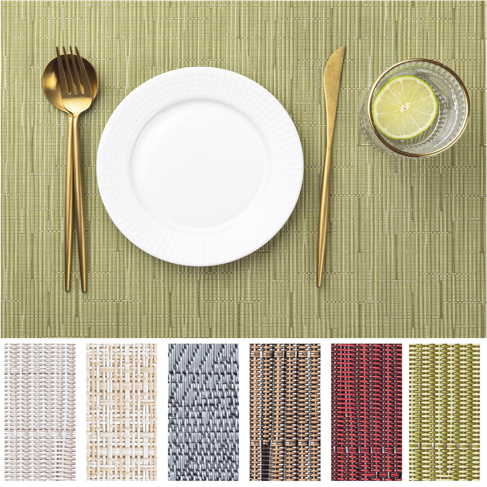 Lexmore Pvc Woven Placemats 4 Pcs Wipeable Indoor/Outdoor Table Mats Washable Vinyl Place Mats For Dining Table, Set Of 4-Pea Gr