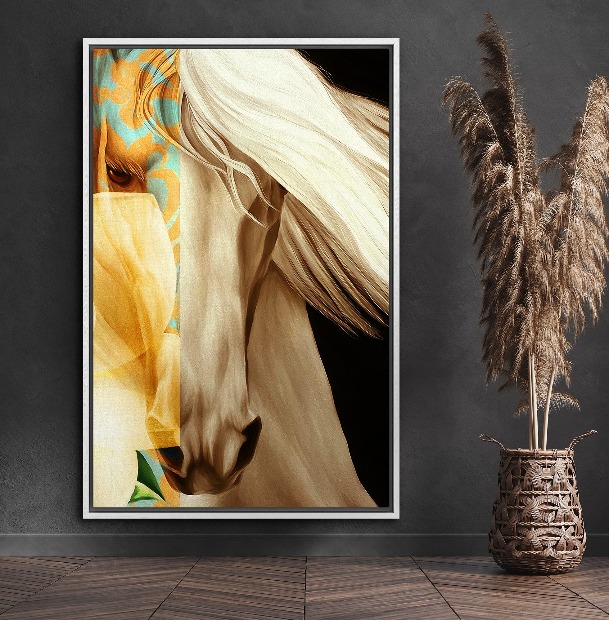 Signford Canvas Print Wall Art Brown Horse With Floral Tattoo Abstract Shapes Illustrations Modern Art Alternative Colorful Dark