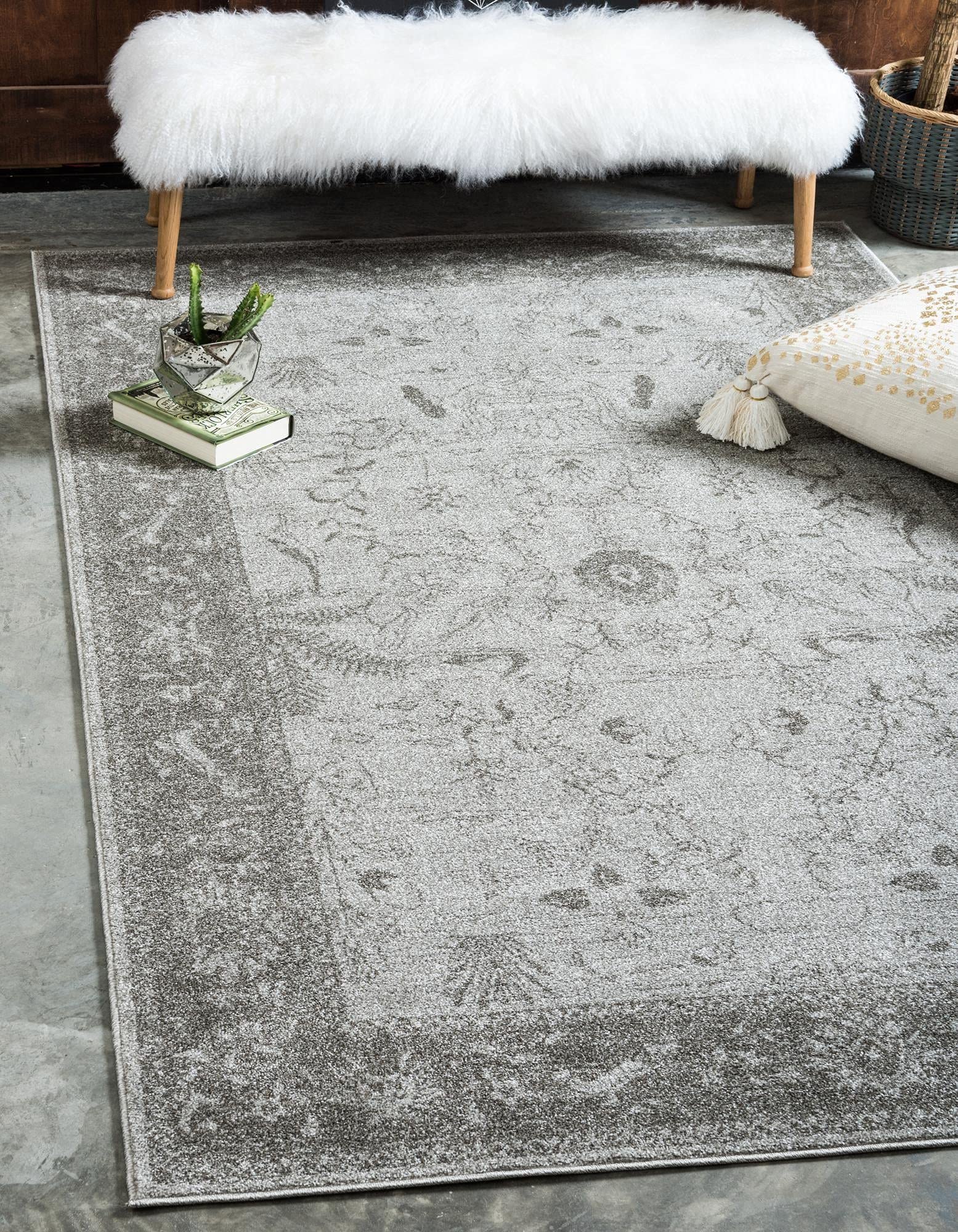 Unique Loom La Jolla Collection Farmhouse, Contemporary, Botanical, Traditional, Vintage Area Rug, 5 x 8 ft, Light Gray/Dark Gra