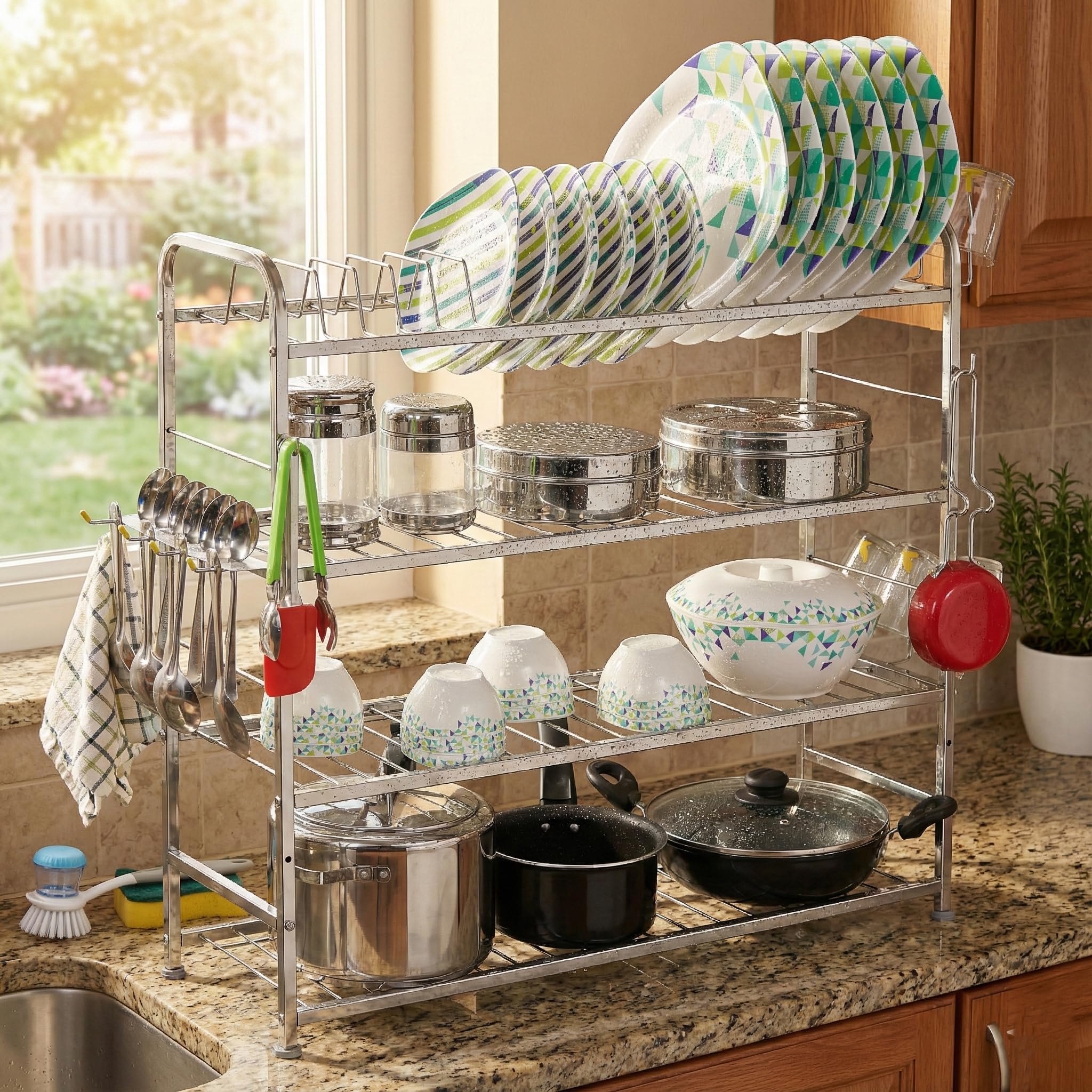 Palomino 4 Layer Wall Mount Kitchen Utensils Dish Rack | Stainless Steel Stand | Dish Holder | Kitchen Organizer | Utensils Rack