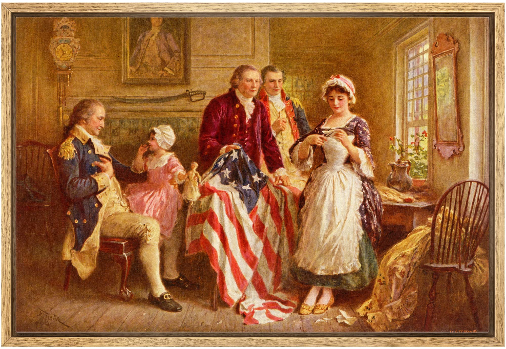 Wall26 - Betsy Ross 1777 By Jean Leon Gerome Ferris - Framed Canvas Print Wall Art Famous Painting Reproduction - 16''X24'' Natu