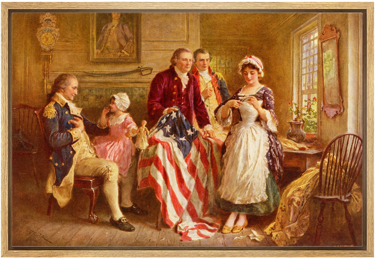 Wall26 - Betsy Ross 1777 By Jean Leon Gerome Ferris - Framed Canvas Print Wall Art Famous Painting Reproduction - 24''X36'' Natu