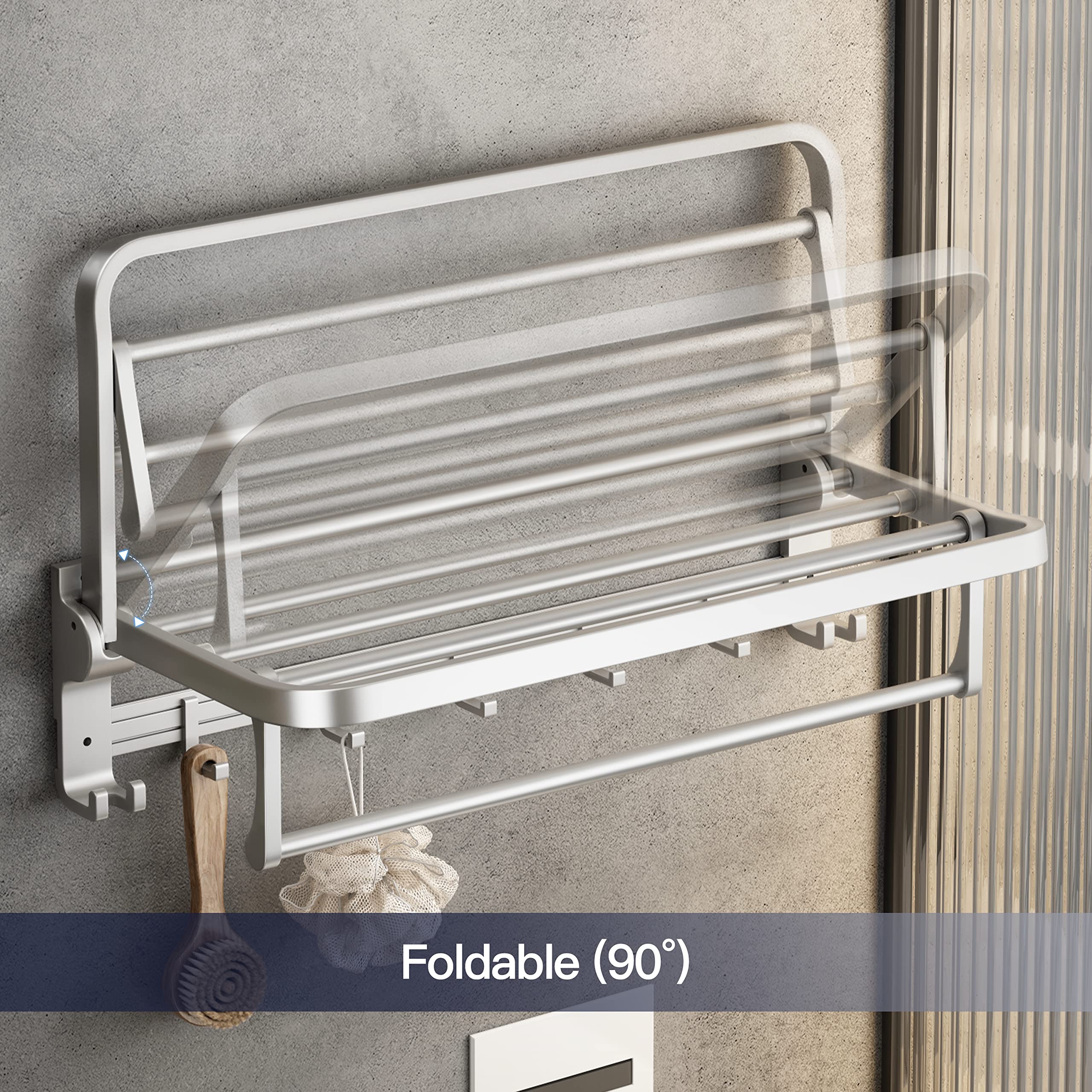 24 Inch Towel Rack with Towel Bar Holder Foldable Towel Shelf with Movable Hooks Rustproof Towel Storage Wall Mount for Bathroom Lavatory Silver