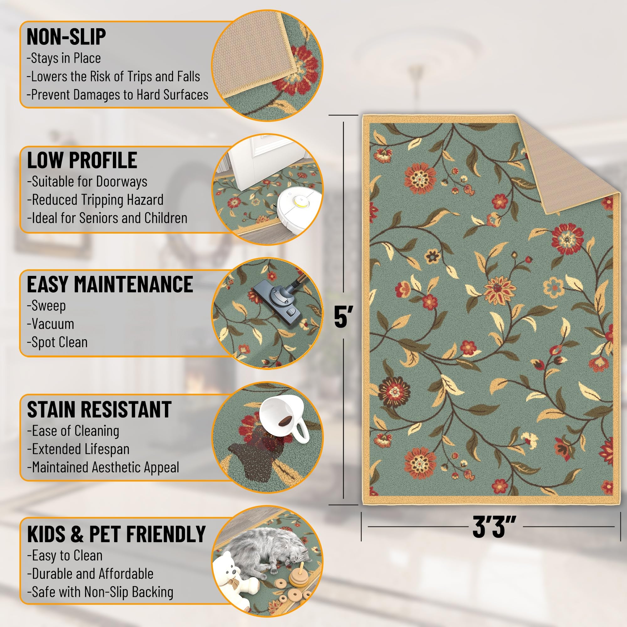 Ottomanson 33 x 5 Rugs for Living Room Floral Area Rug for Bedroom - Non Slip Durable Large Floor Carpet for High Traffic Area