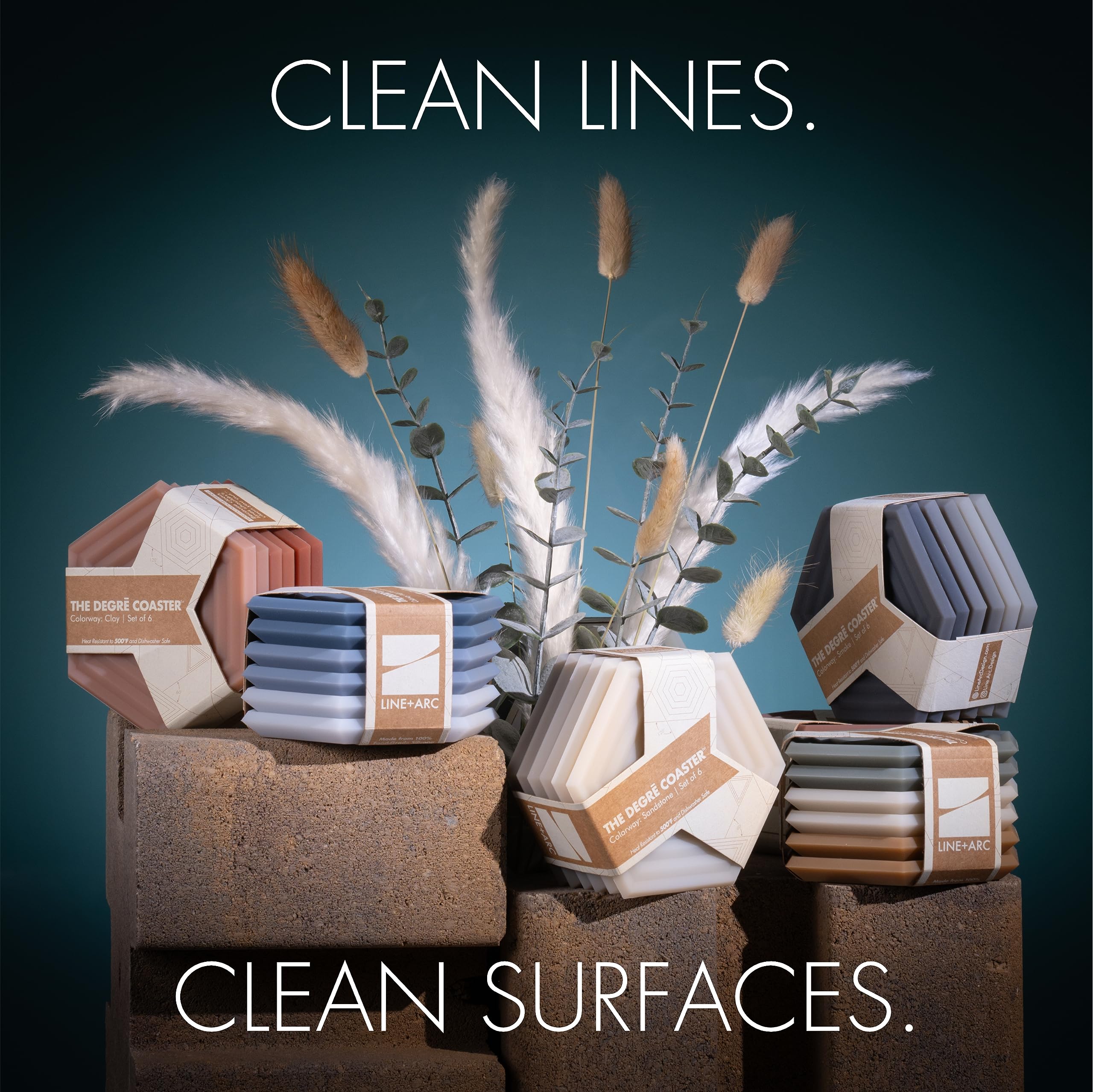 The Original Degre Coaster (Set of 6  Joshua Tree) by LINE+ARC. 10mm Thick Dishwasher Safe Stain-Resistant Outdoor Coffee Table Silicone Modern Hexagon Mid Century Cup Drink Rubber Non-Absorbent