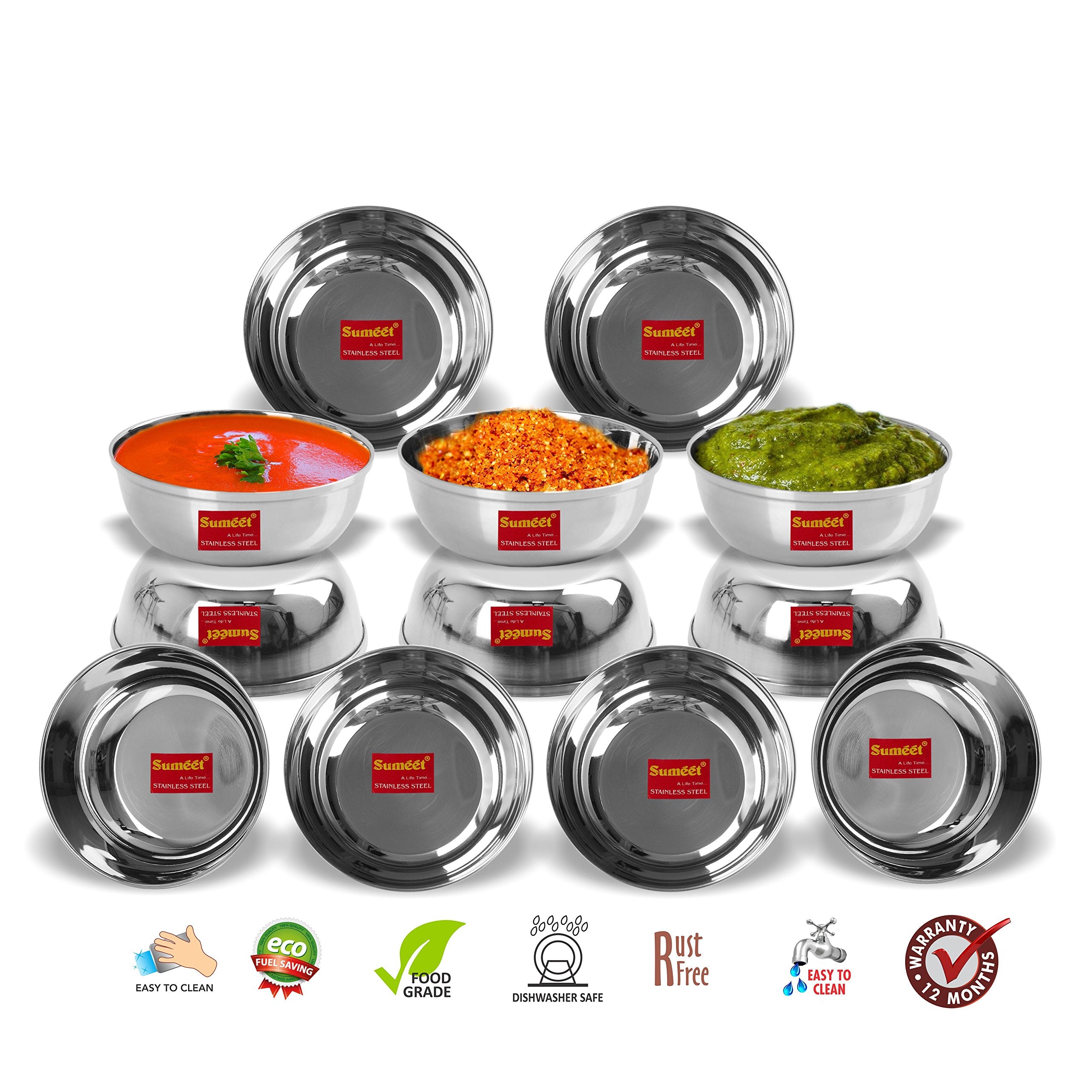 Sumeet Stainless Steel Heavy Gauge Bowl Set/Wati Set With Mirror Finish 10Cm Dia - Set Of 6Pc (12 Pcs)