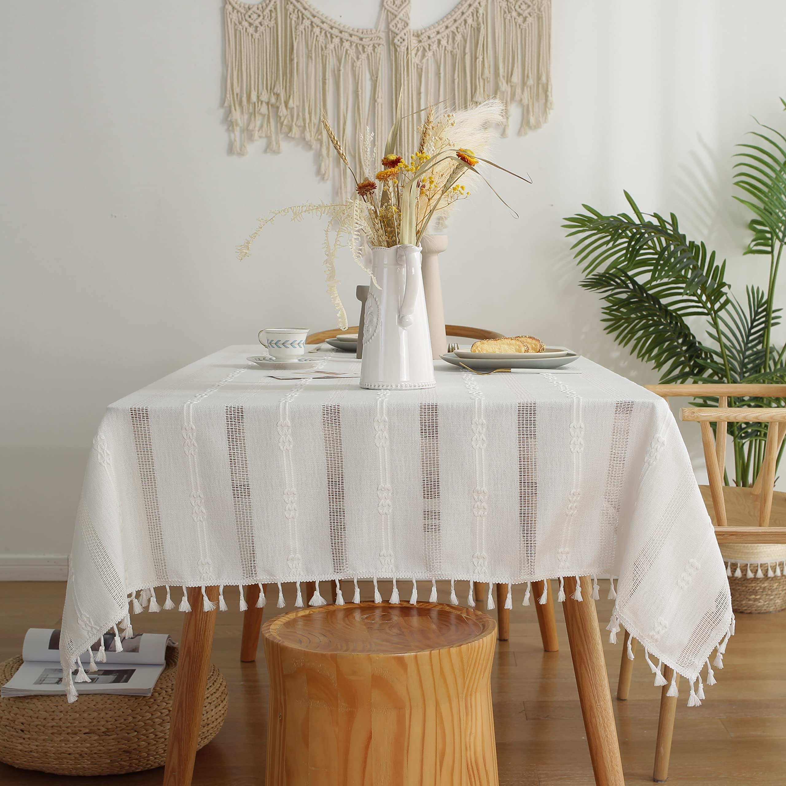 Gernaice Rustic Stripe Embroidered Tablecloth Heavy Square Tassel Cotton Linen Table Cloth Wrinkle Free Washable Table Cover For