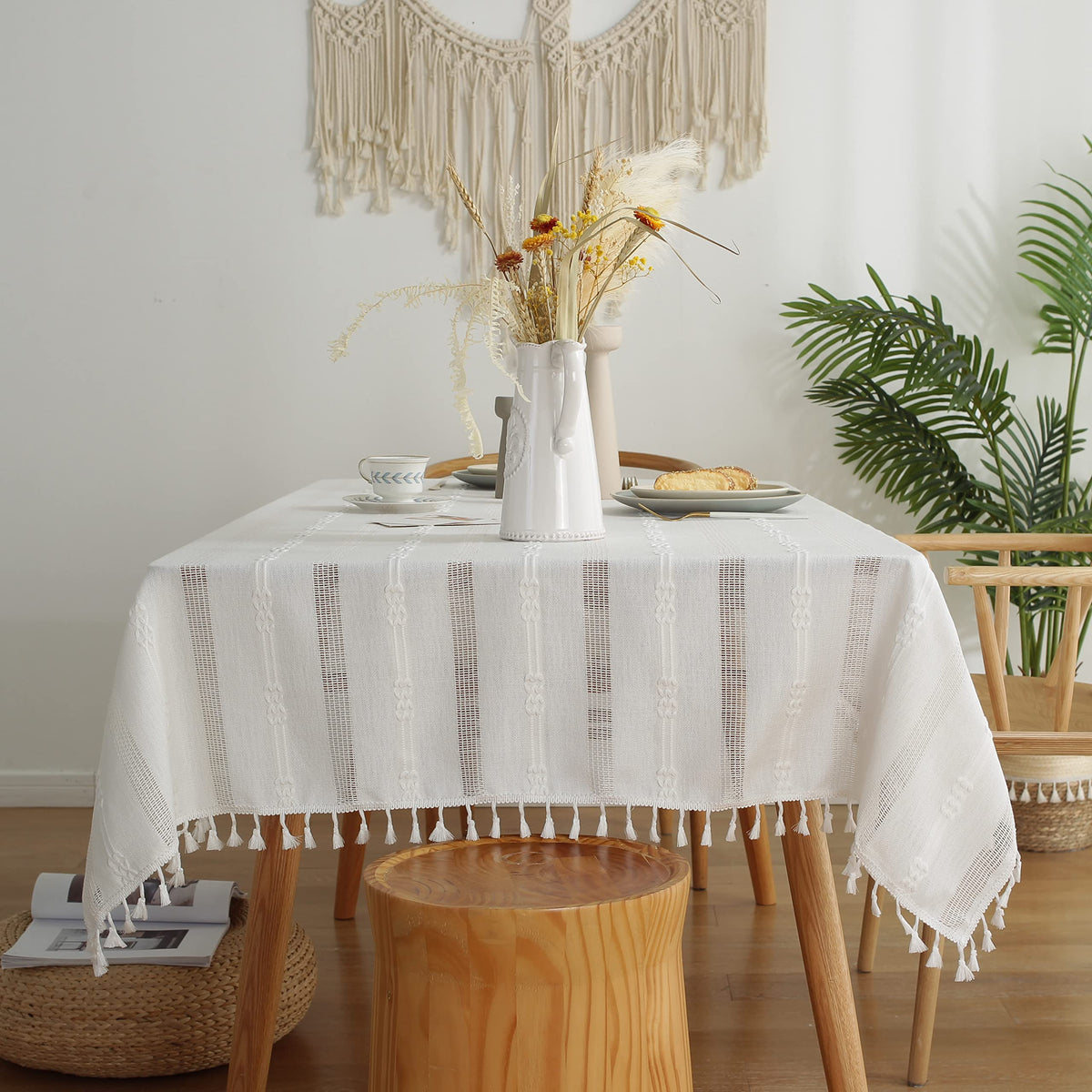 Gernaice Rustic Stripe Embroidered Tablecloth Heavy Square Tassel Cotton Linen Table Cloth Wrinkle Free Washable Table Cover For