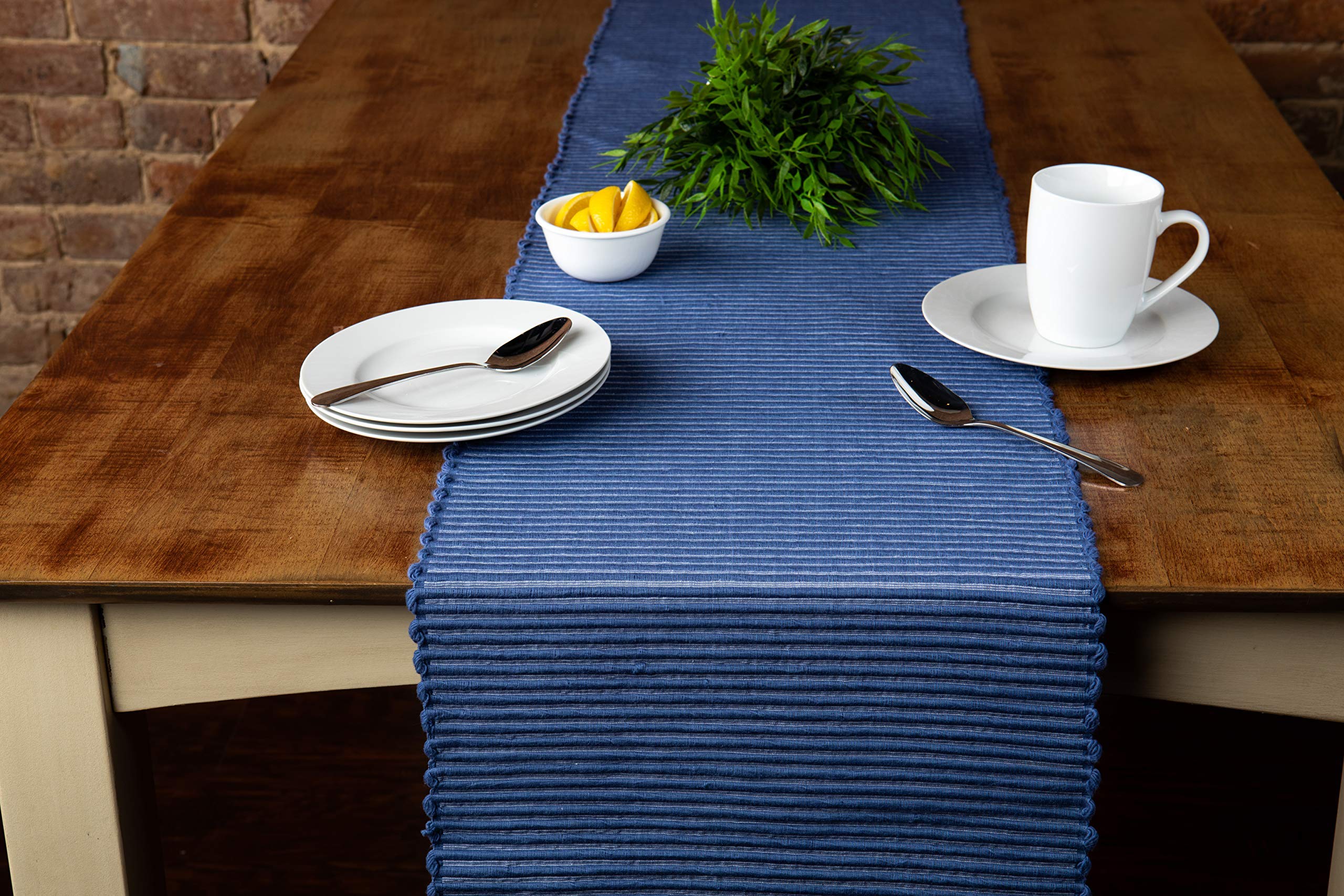 Sticky Toffee Table Runner Cotton Farmhouse Boho 14 in x 72 in  Table D?cor for Kitchen or Dining  Blue Cloth Woven Ribbed Table Runners  Oeko-Tex Cotton