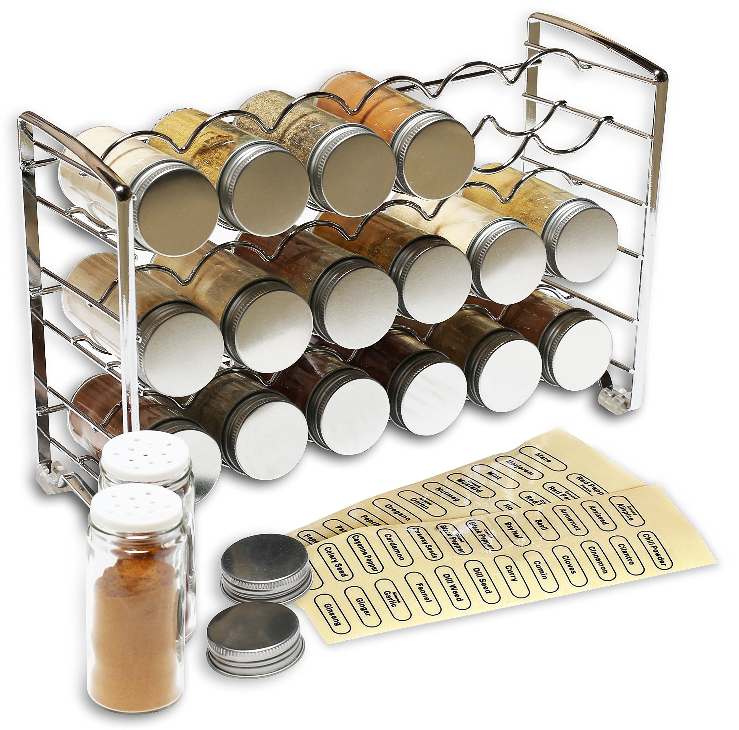 Decobros Spice Rack Stand Holder With 18 Bottles And 48 Labels, Chrome