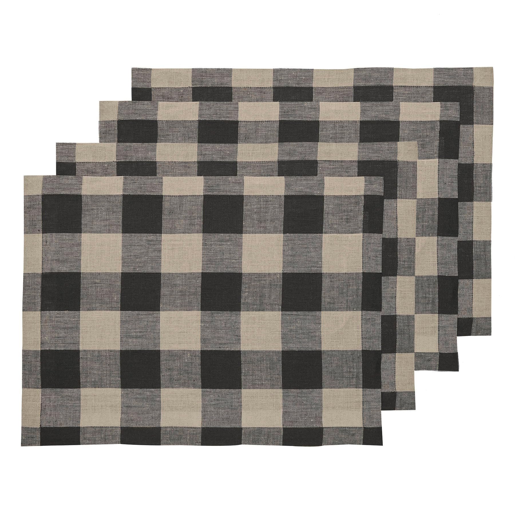 Solino Home Buffalo Check Linen Placemats 19'' L X 14'' W Inch - 100% Pure Linen Natural And Black Plaid Cloth Placemats Set Of