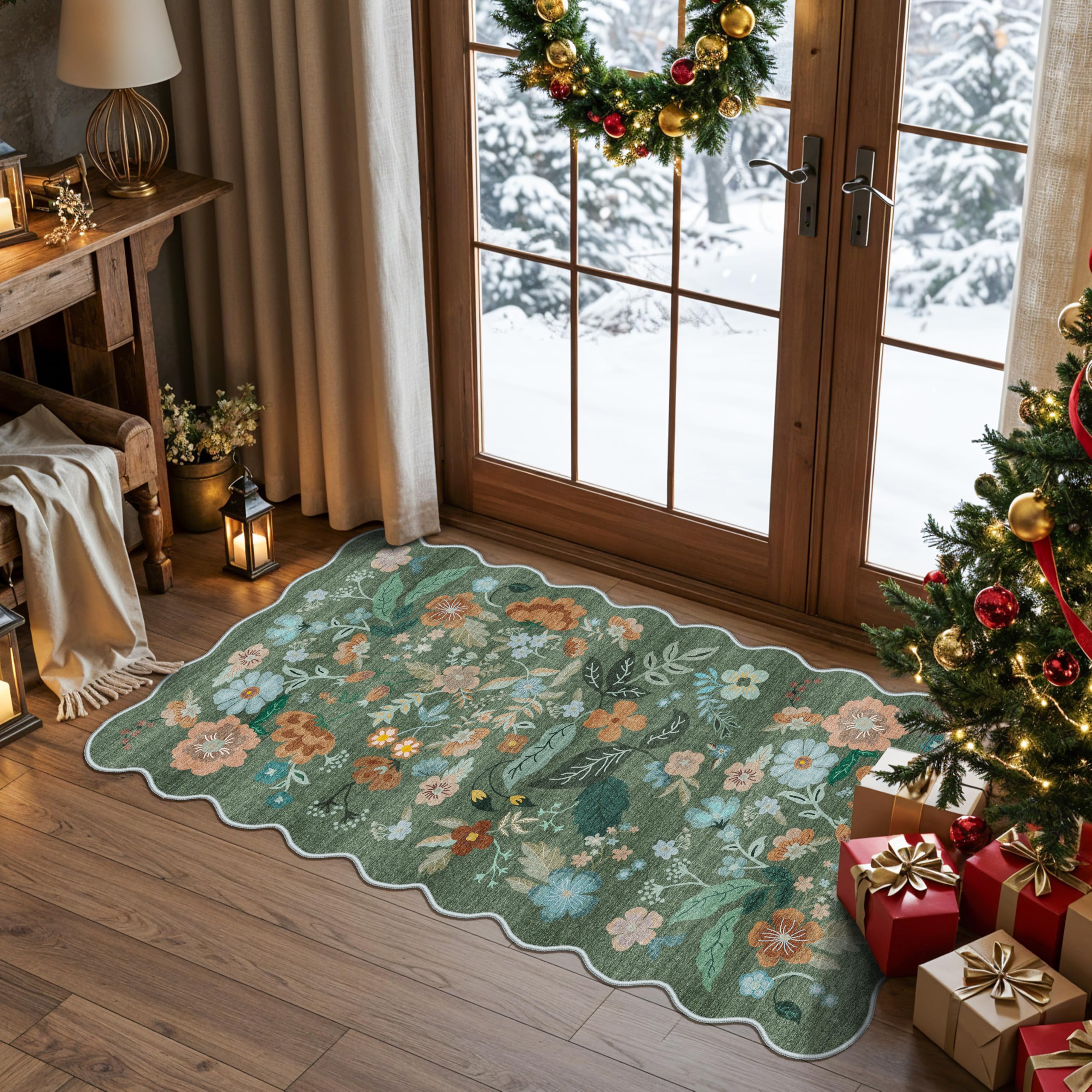 Washable Floral 2x4 Area Rug: Indoor Soft Scalloped Carpet for Entryway Kitchen Non-Slip Water Resistant Bathroom Laundry Floor 