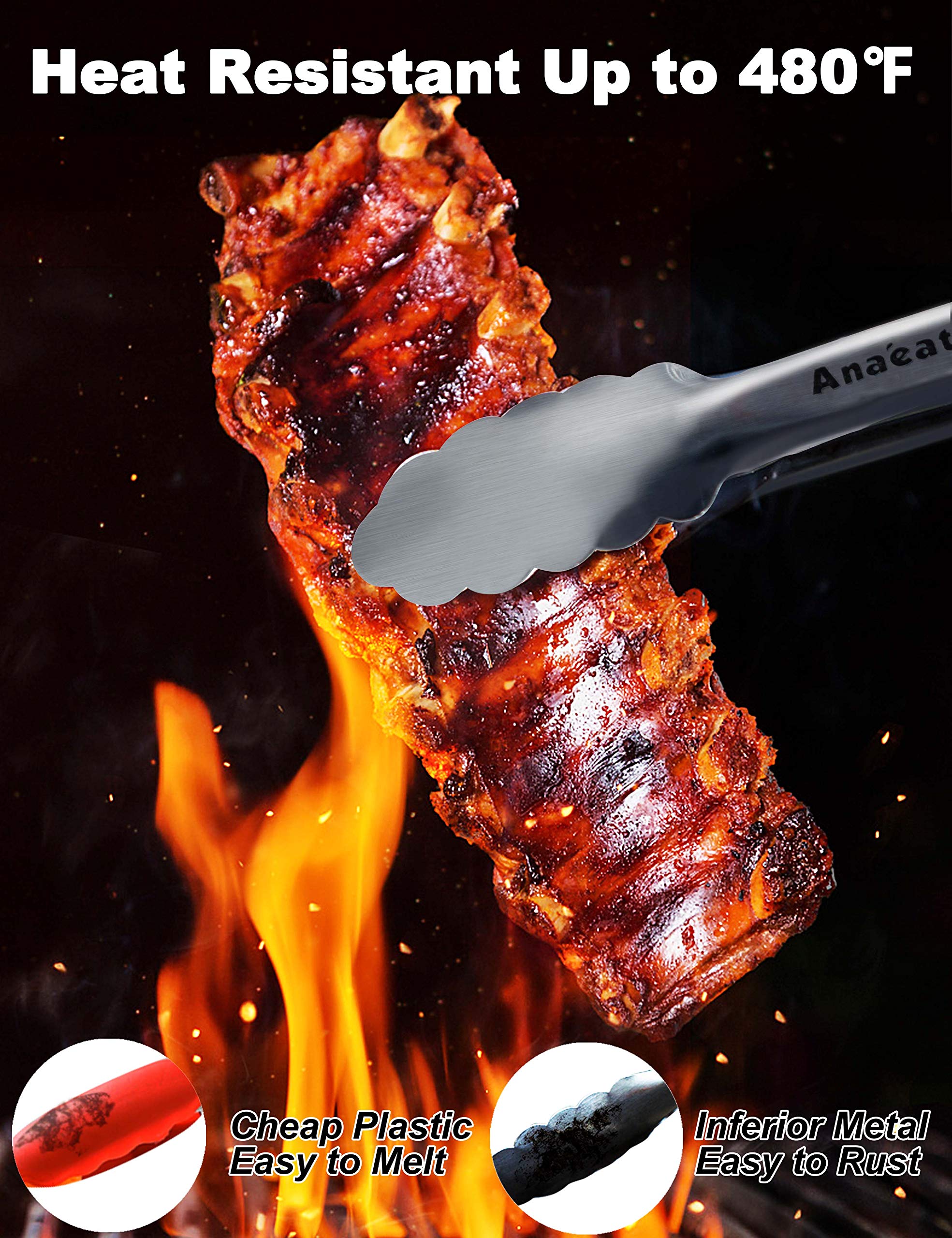 Anaeat Premium Sturdy Barbecue Tongs For Kitchen Grill & Bbq - 7,9,12 Inch Non-Slip Stainless Steel Locking Tongs Heat Resistant