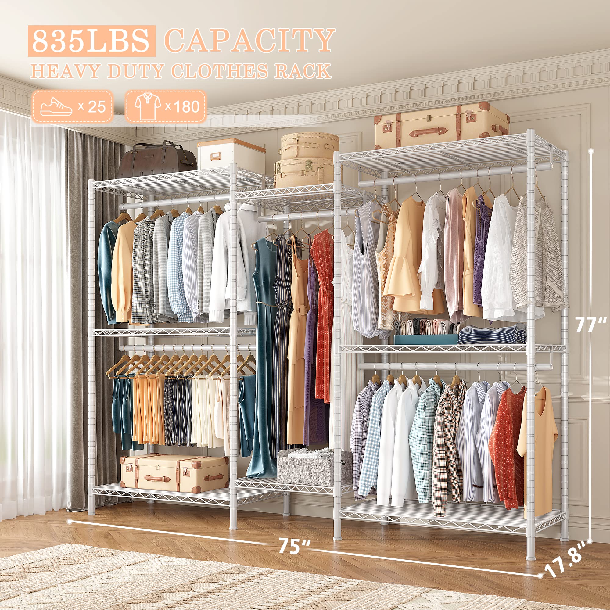 Raybee 77'' White Clothing Rack, Heavy Duty Clothes Racks For Hanging Clothes Load 835Lbs, Metal Clothing Rack Heavy Duty Garmen
