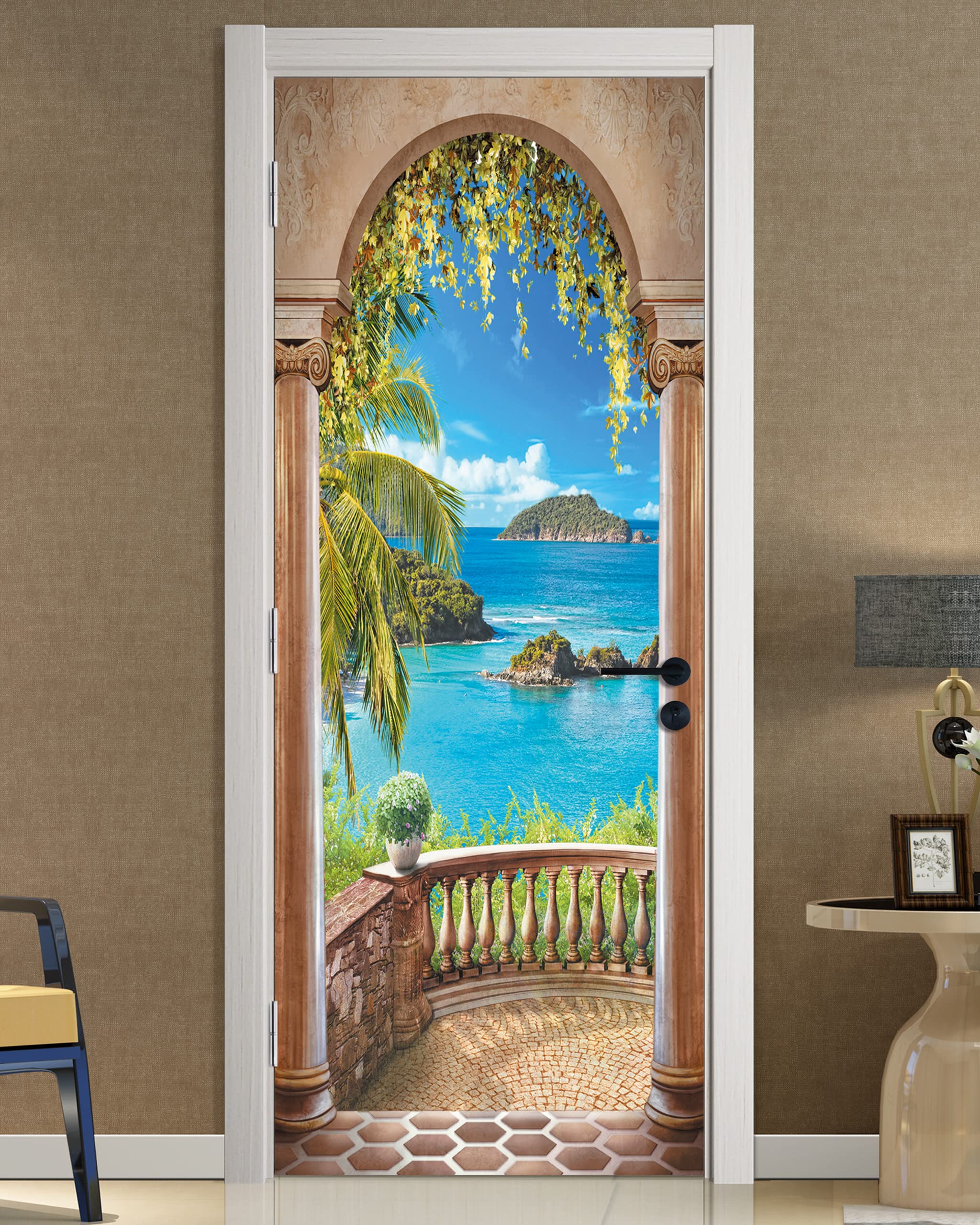FLFK 3D Balcony Arch Seascape Door Stickers Self-Adhesive Door Murals Photo Wallpaper for Living Room Bedroom Decoration 30.3x78