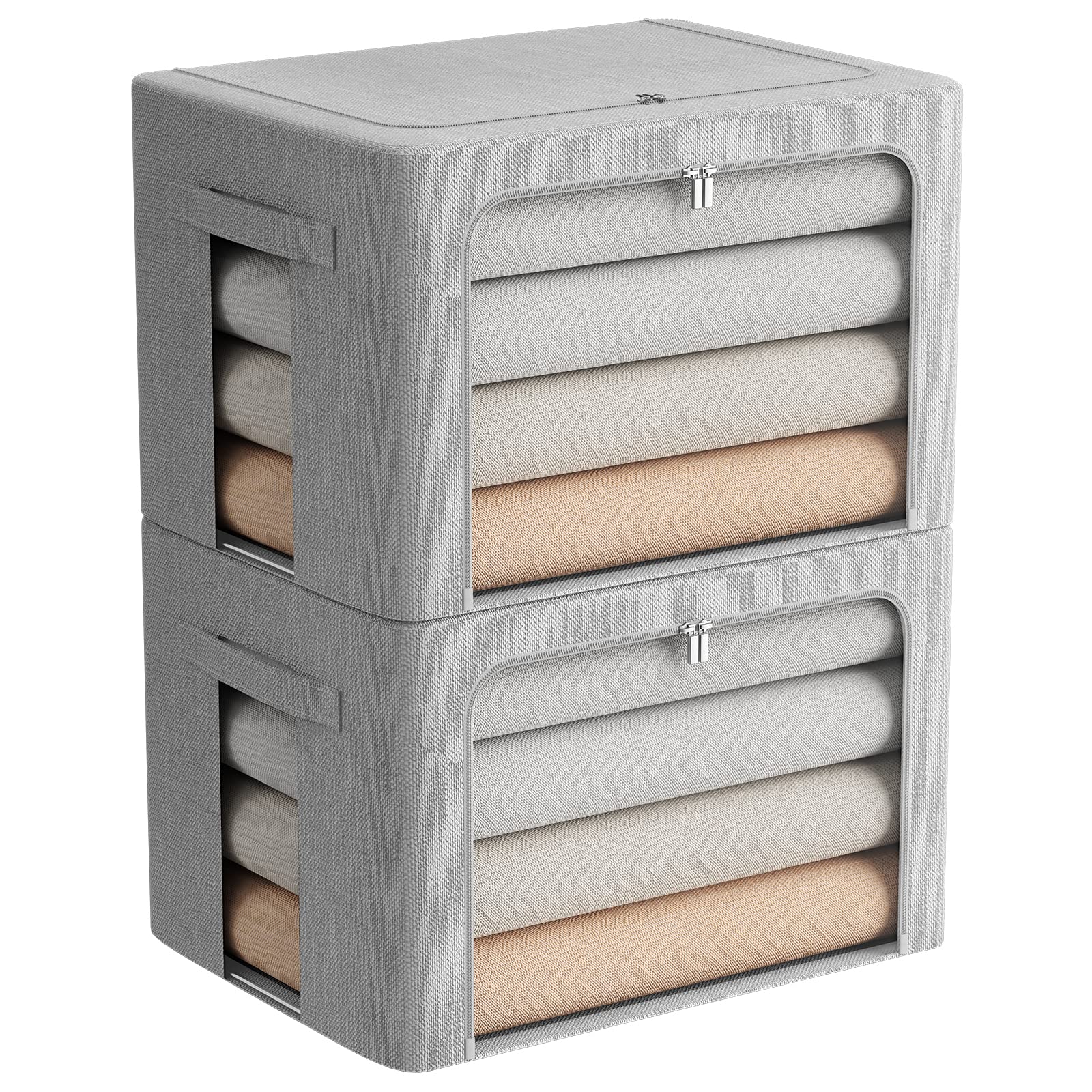 2 Pack Clothes Storage Bins - Stackable Metal Frame Storage Box - Large Capacity Foldable Linen Fabric Box Organizer with Carryi