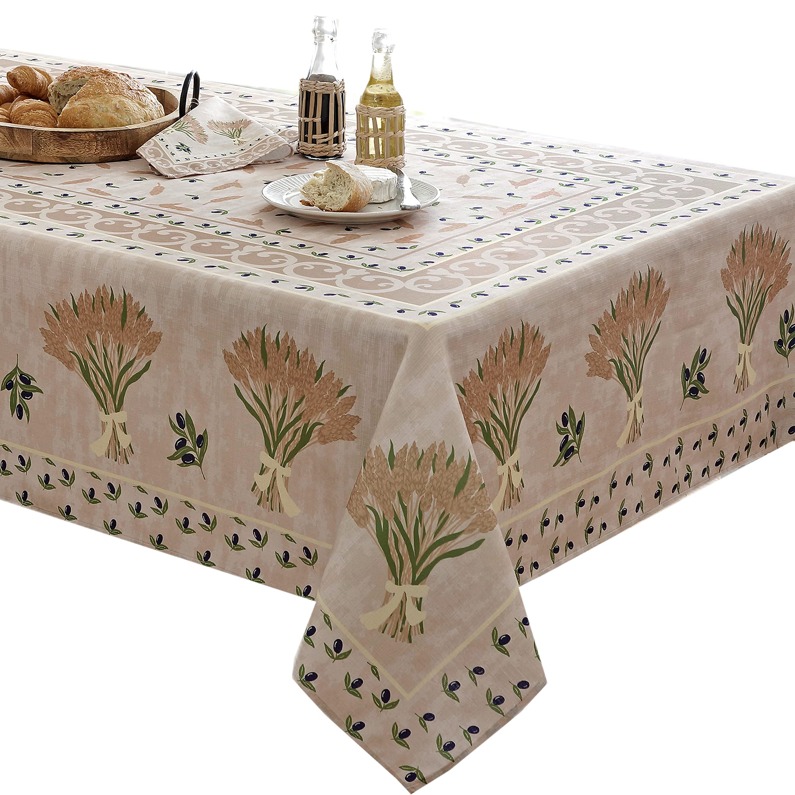 Home Bargains Plus Rectangle Fabric Tablecloth, 60 X 84 Inch, Wheat And Olives Print, Indoor Outdoor Stain And Water Resistant F